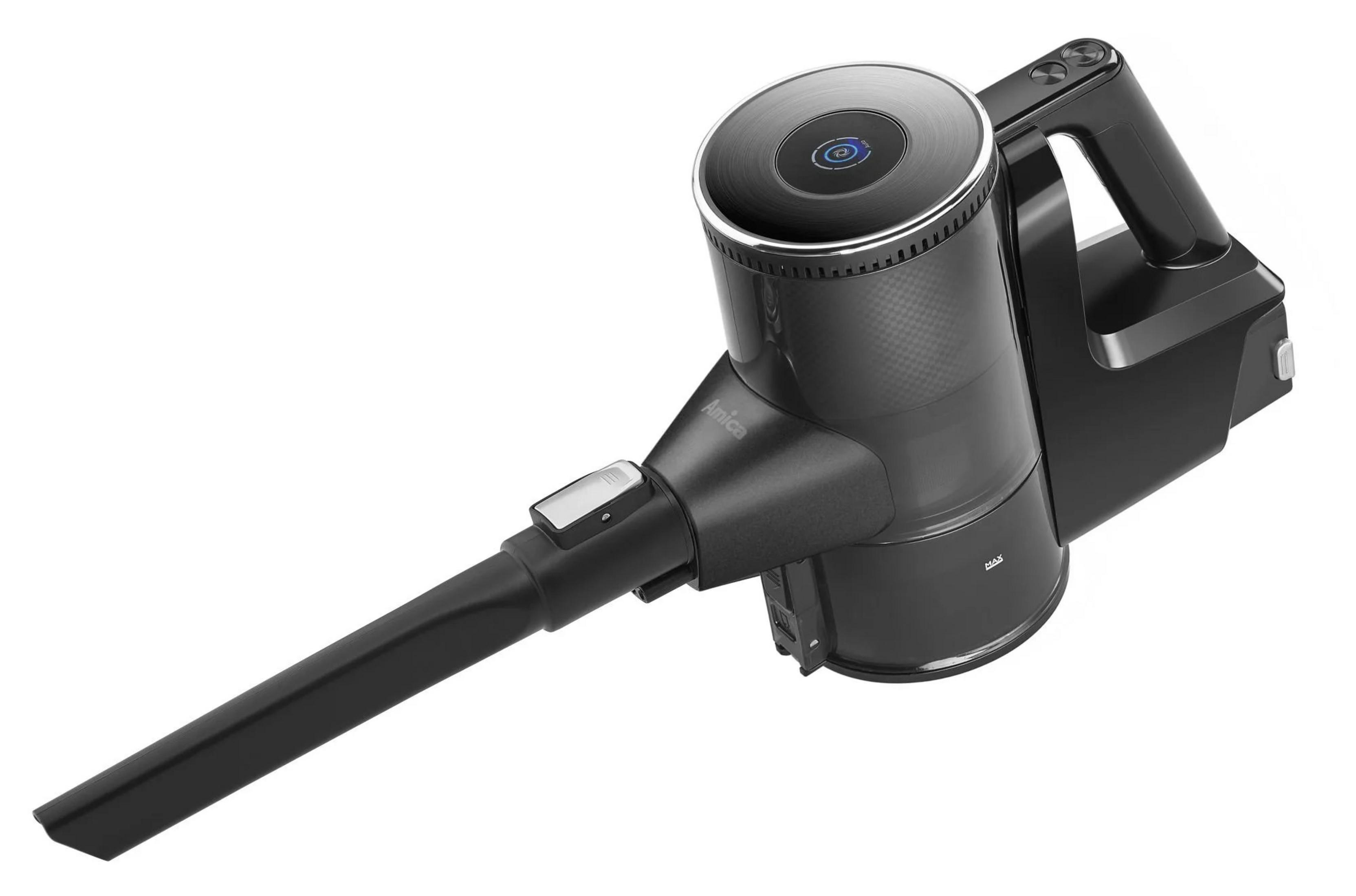 Un aspirapolvere senza fili nero con accessorio stretto e display digitale.