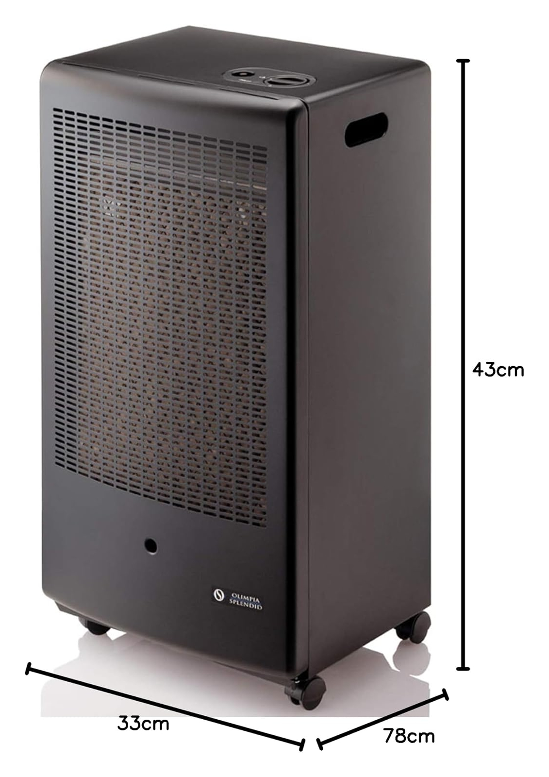 Riscaldatore a gas portatile nero con ruote e controlli in alto. Dimensioni: 43x33x78cm.