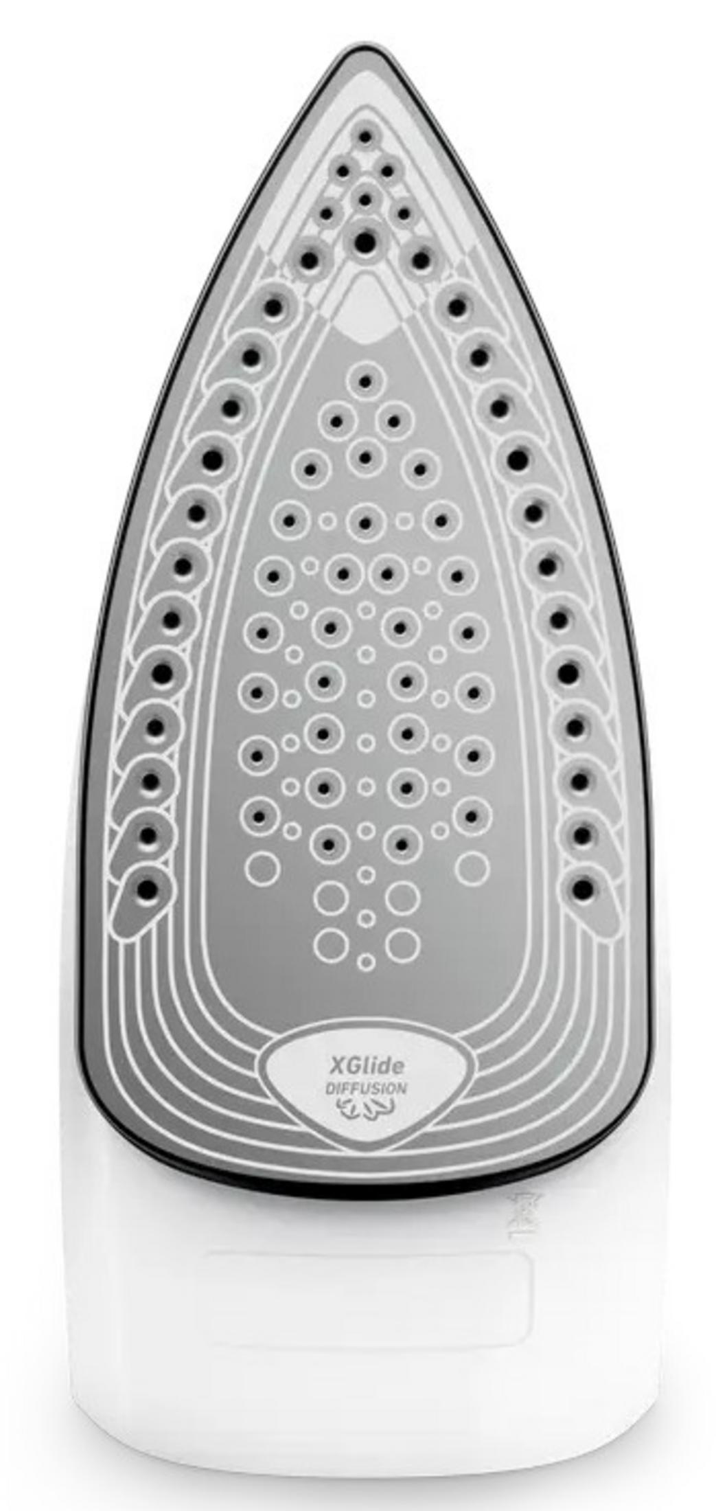Piastra del ferro da stiro con fori per il vapore e logo "XGlide Diffusion".