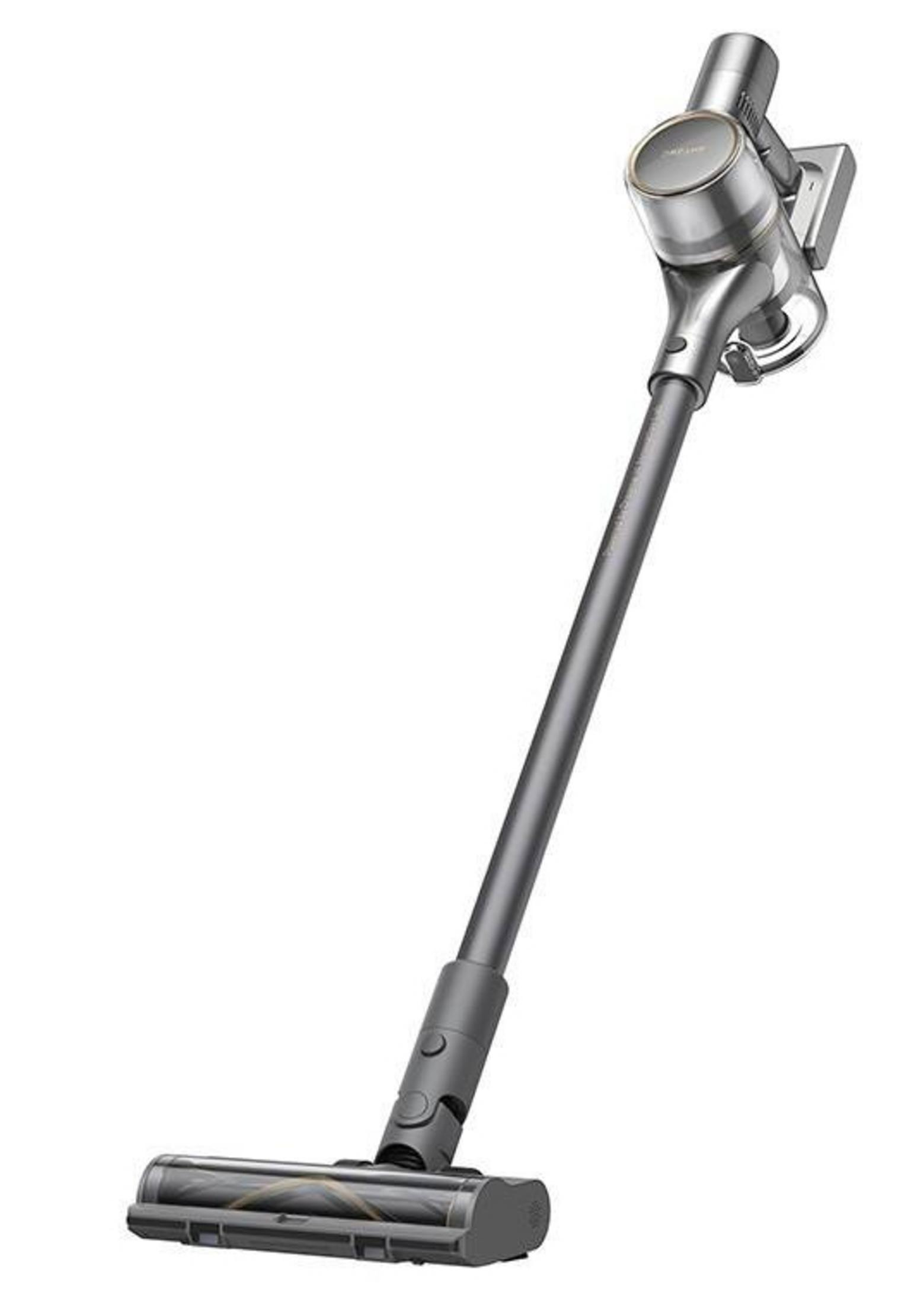 Srebrny odkurzacz bezprzewodowy z głowicą szczotkową i rączką, na białym tle.
