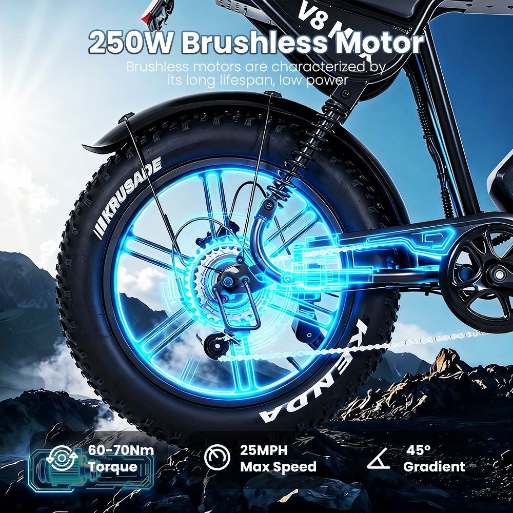 Zbliżenie tylnego koła roweru elektrycznego z świecącymi niebieskimi liniami wskazującymi silnik.