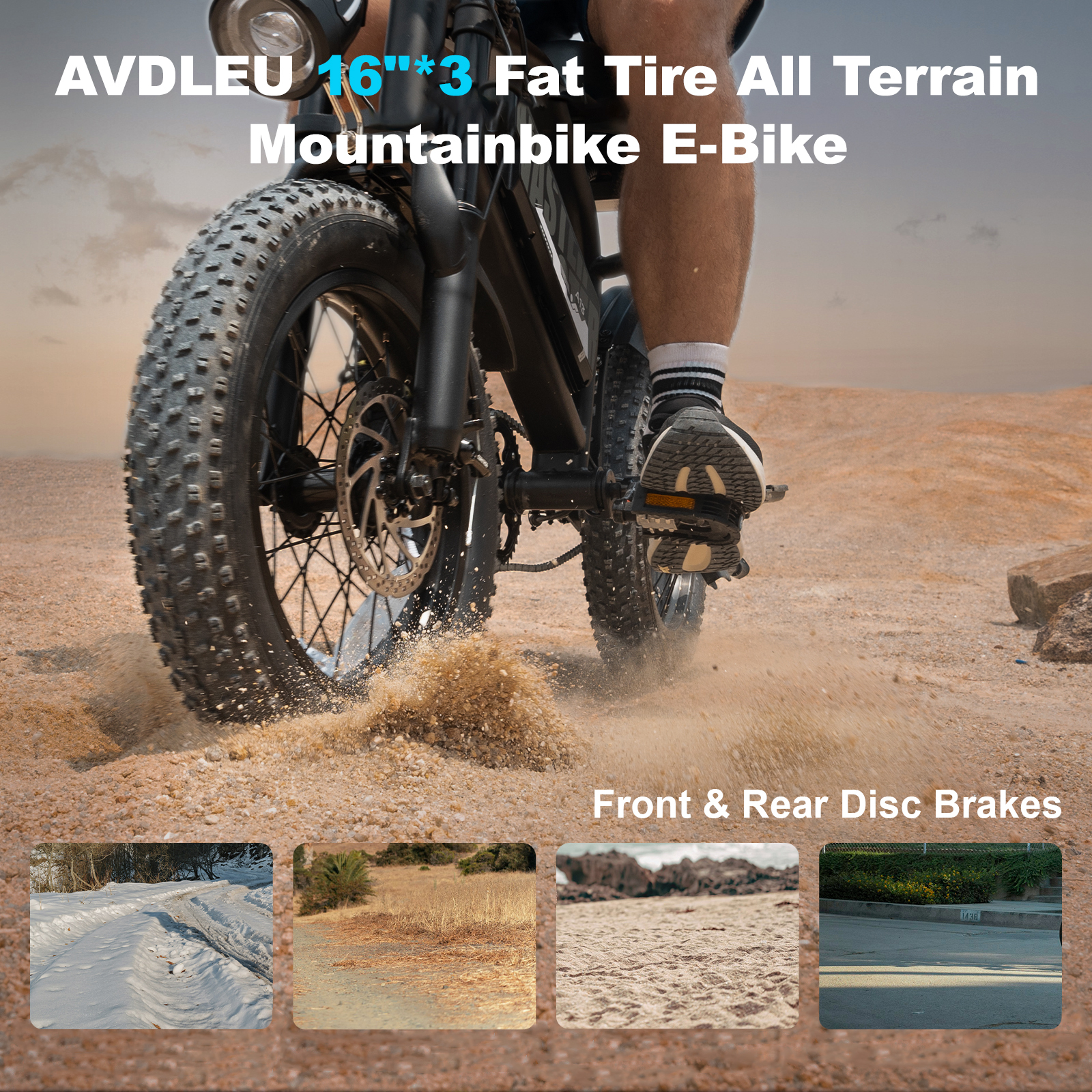 Mężczyzna jedzie rowerem elektrycznym z grubymi oponami po piaszczystym podłożu.