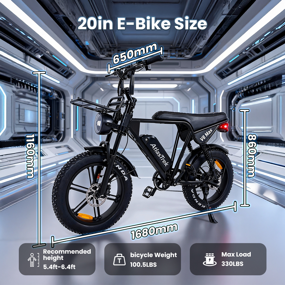 Czarny rower elektryczny z szerokimi oponami, wymiary: 1160mm W, 1680mm D, 650mm S.