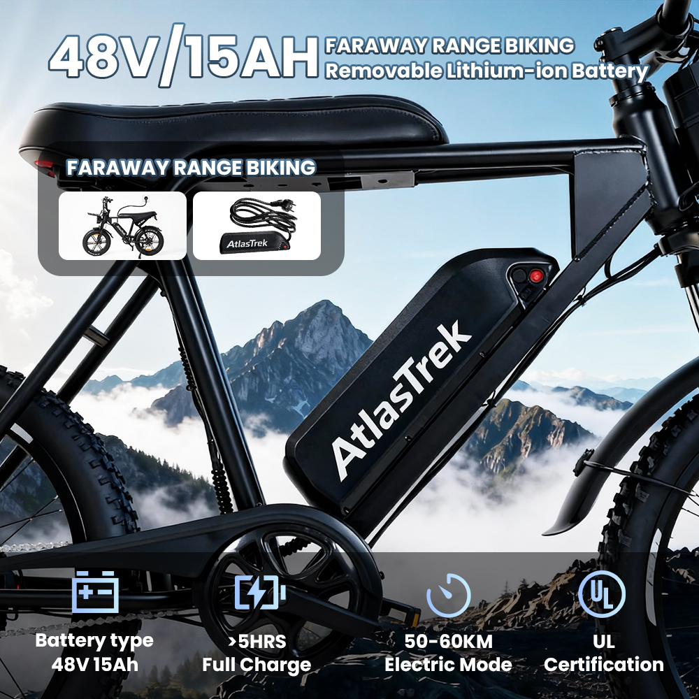 Czarny rower elektryczny z baterią AtlasTrek na tle gór. Szczegóły: 48V/15Ah, zasięg 50-60km.