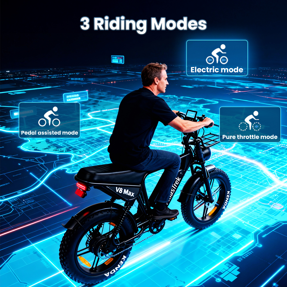 Mężczyzna jedzie rowerem elektrycznym w trzech trybach: pedał, elektryczny, gaz.