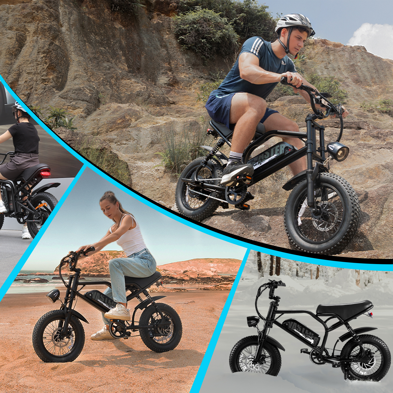 Mężczyzna jedzie rowerem elektrycznym pod górę, kobieta na plaży, rower w śniegu.