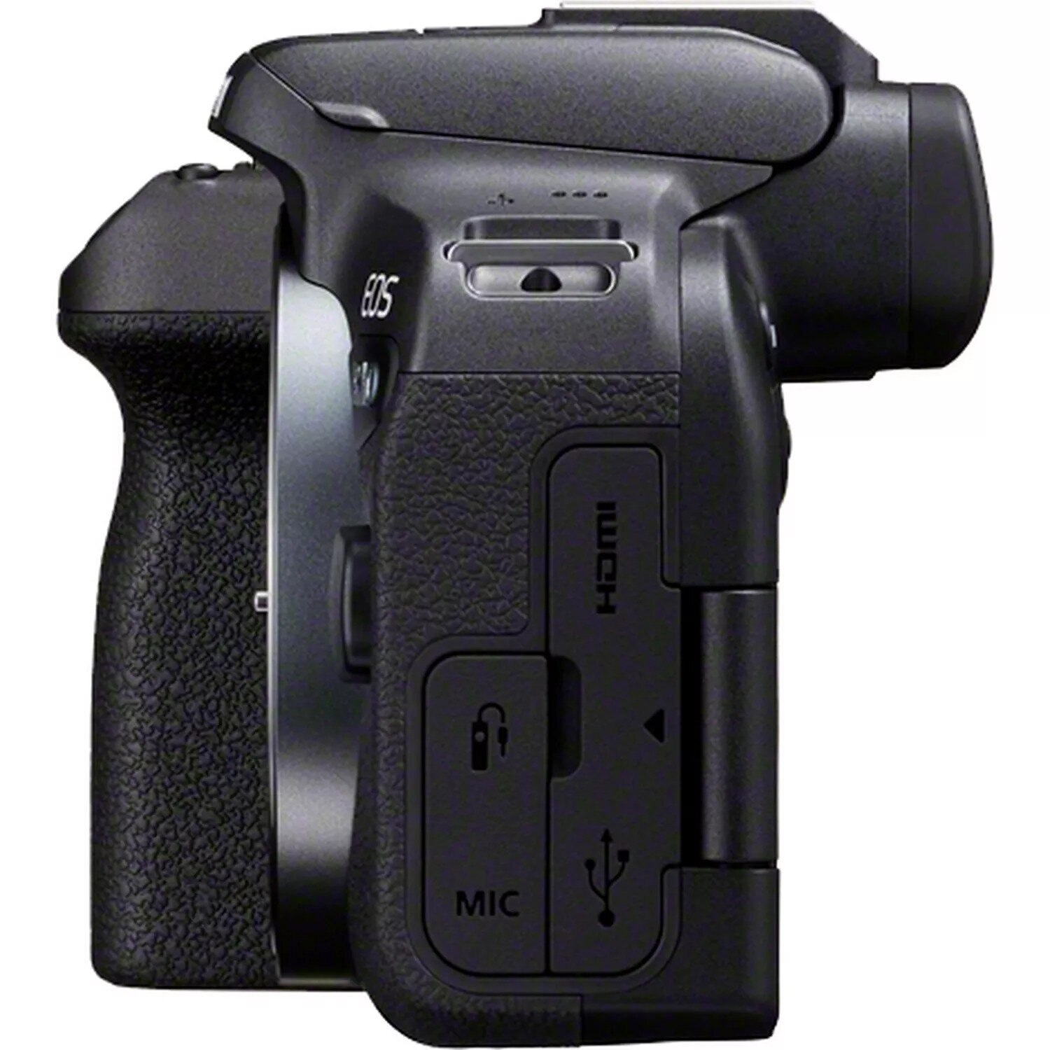 Fotocamera nera di lato, con impugnatura e porte HDMI, MIC.