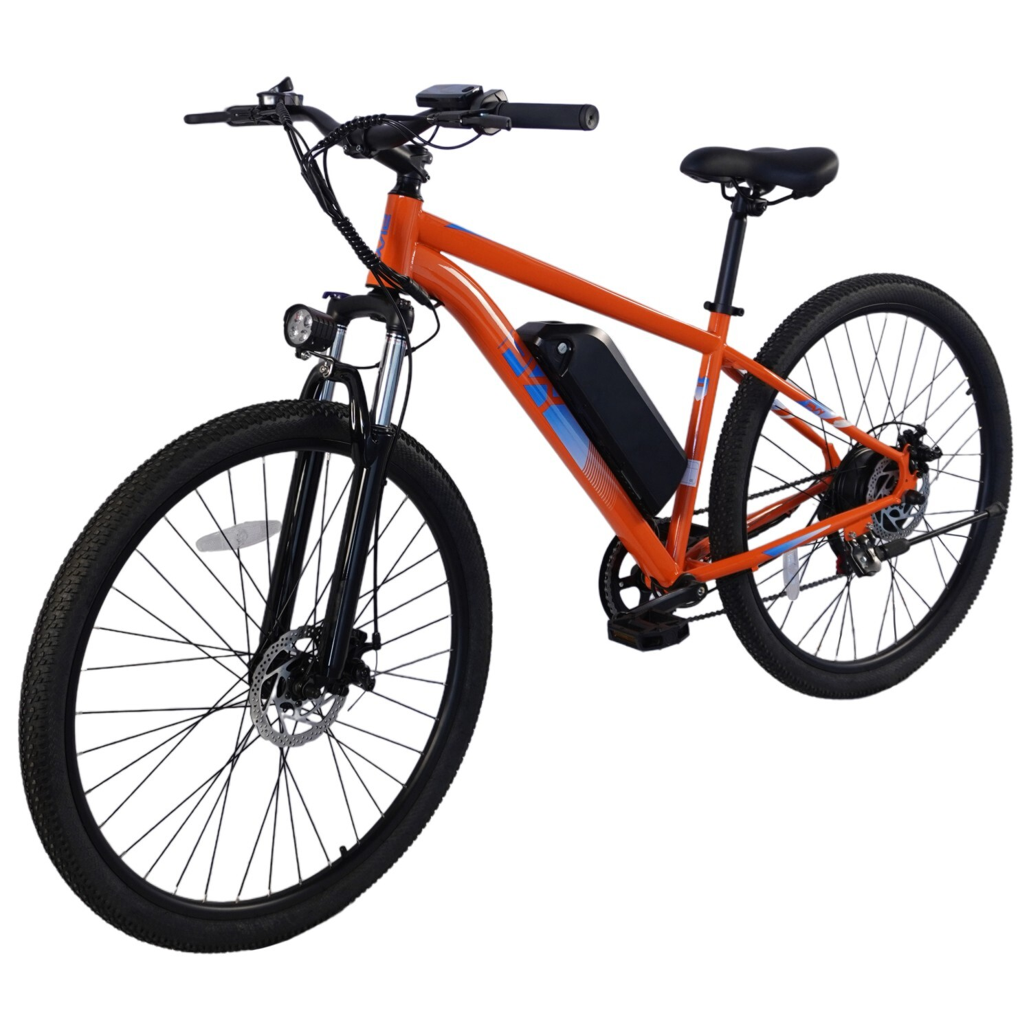 Pomarańczowy rower elektryczny z czarnym siodełkiem, oponami i widelcem. Czarna bateria na ramie.