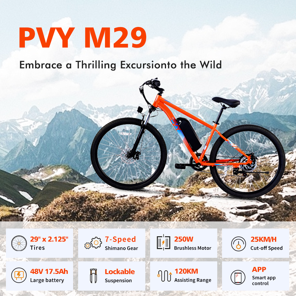 Pomarańczowy e-rower z 29-calowymi oponami na tle gór. Specyfikacje poniżej.