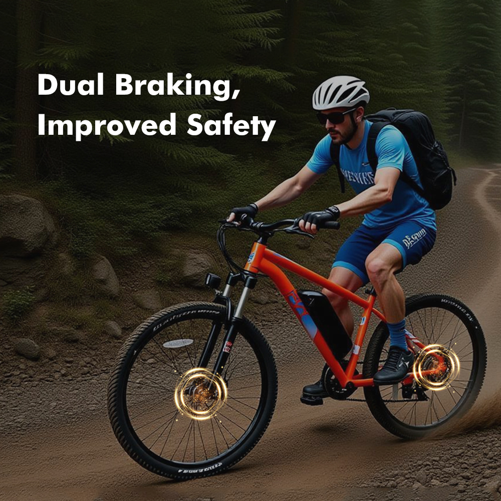 Mężczyzna jedzie pomarańczowym rowerem po polnej drodze, wśród drzew.