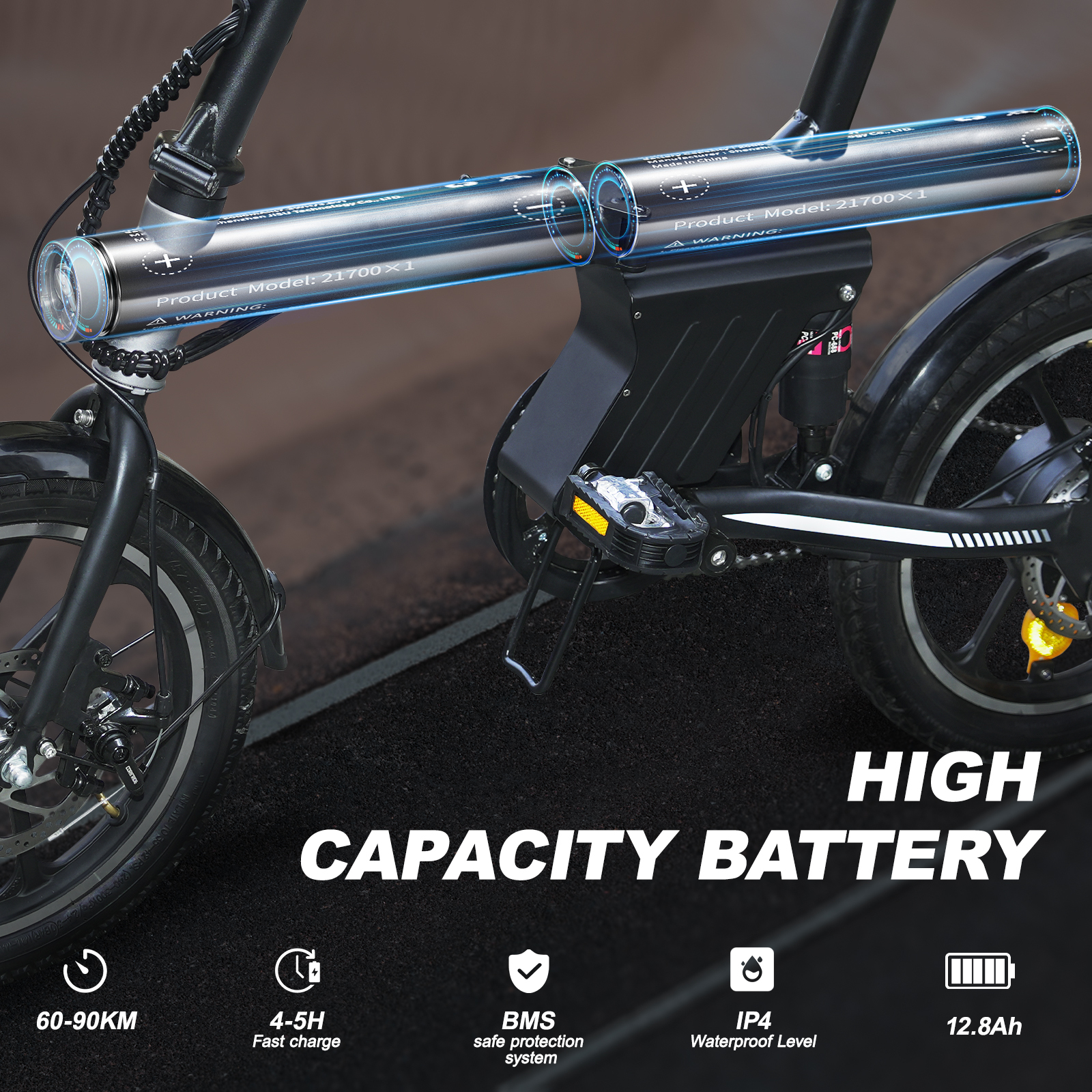 Zbliżenie roweru elektrycznego, podkreślające baterię i specyfikacje.