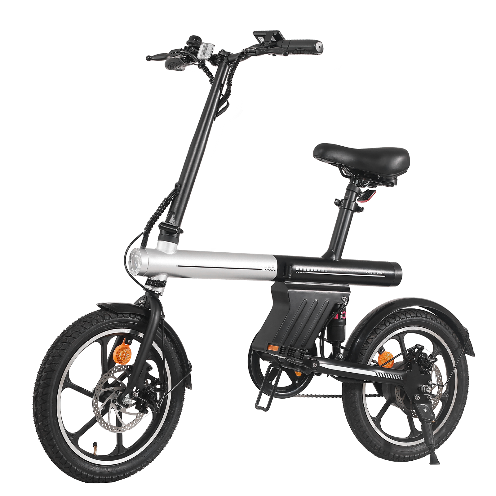 Czarny składany rower elektryczny ze srebrną ramą i czarnymi kołami.