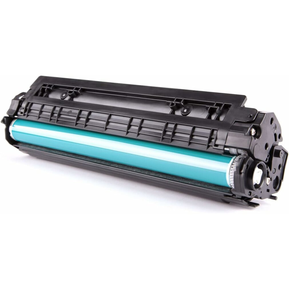 Un tamburo di cartuccia toner nero con un rullo blu su sfondo bianco.