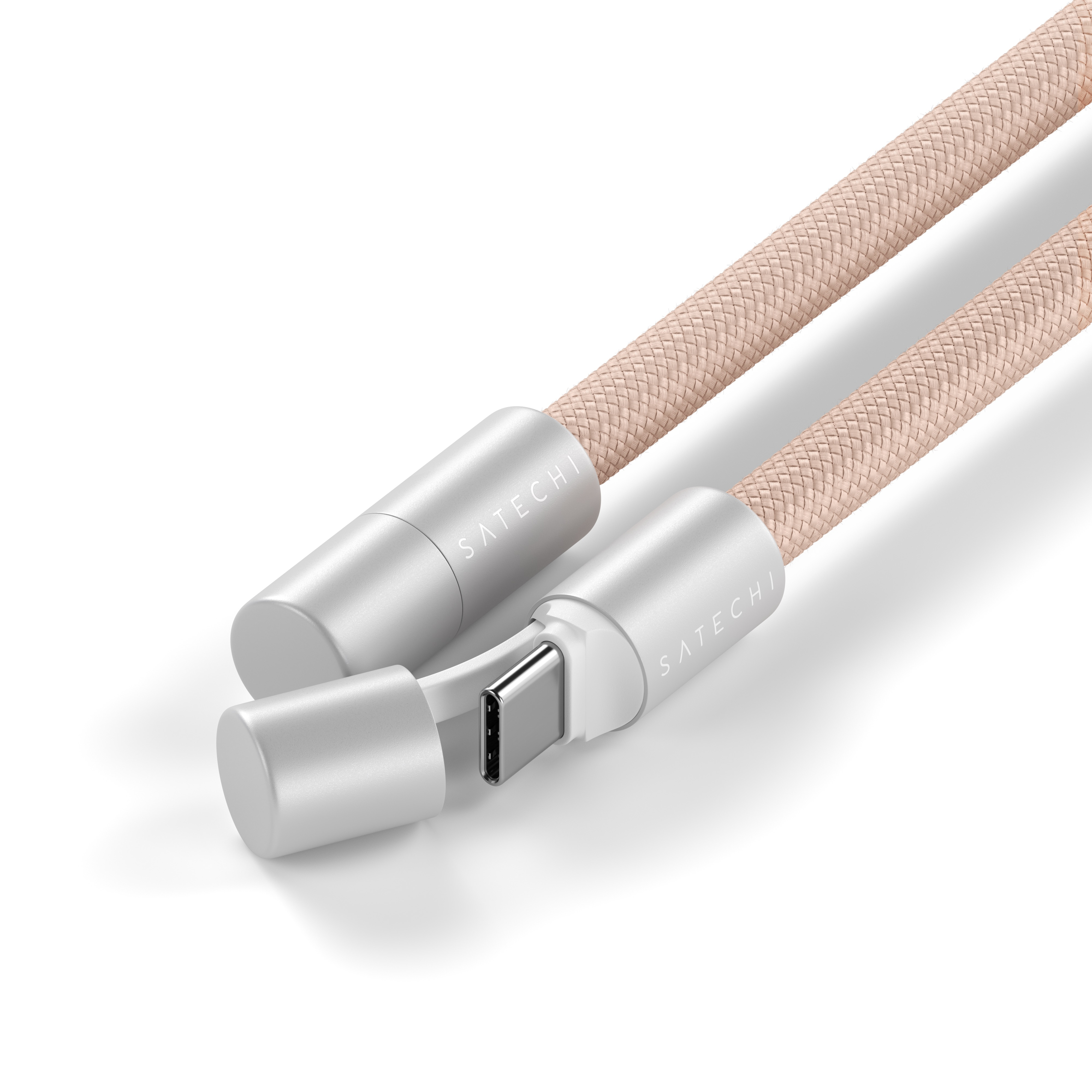 Ein rosa USB-C-Kabel mit silbernen Anschlüssen auf weißem Hintergrund.