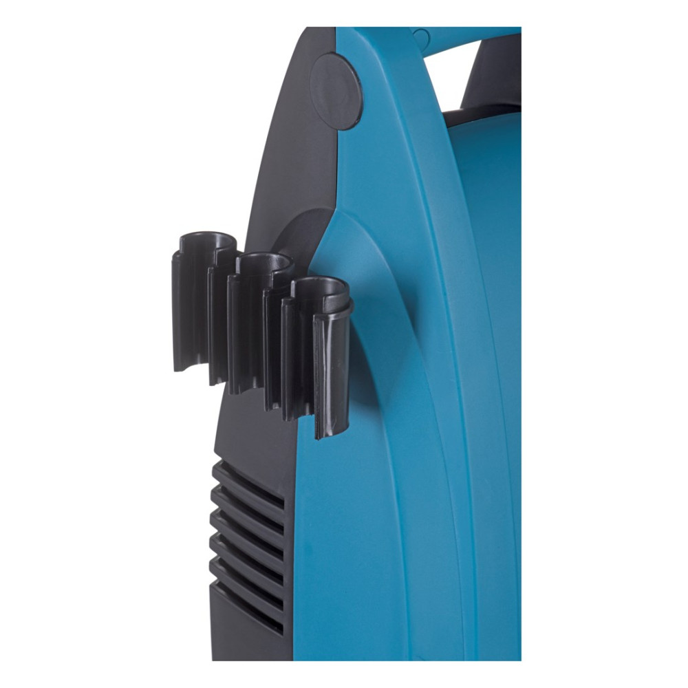 Zbliżenie niebieskiego urządzenia z czarnymi uchwytami i otworami wentylacyjnymi.