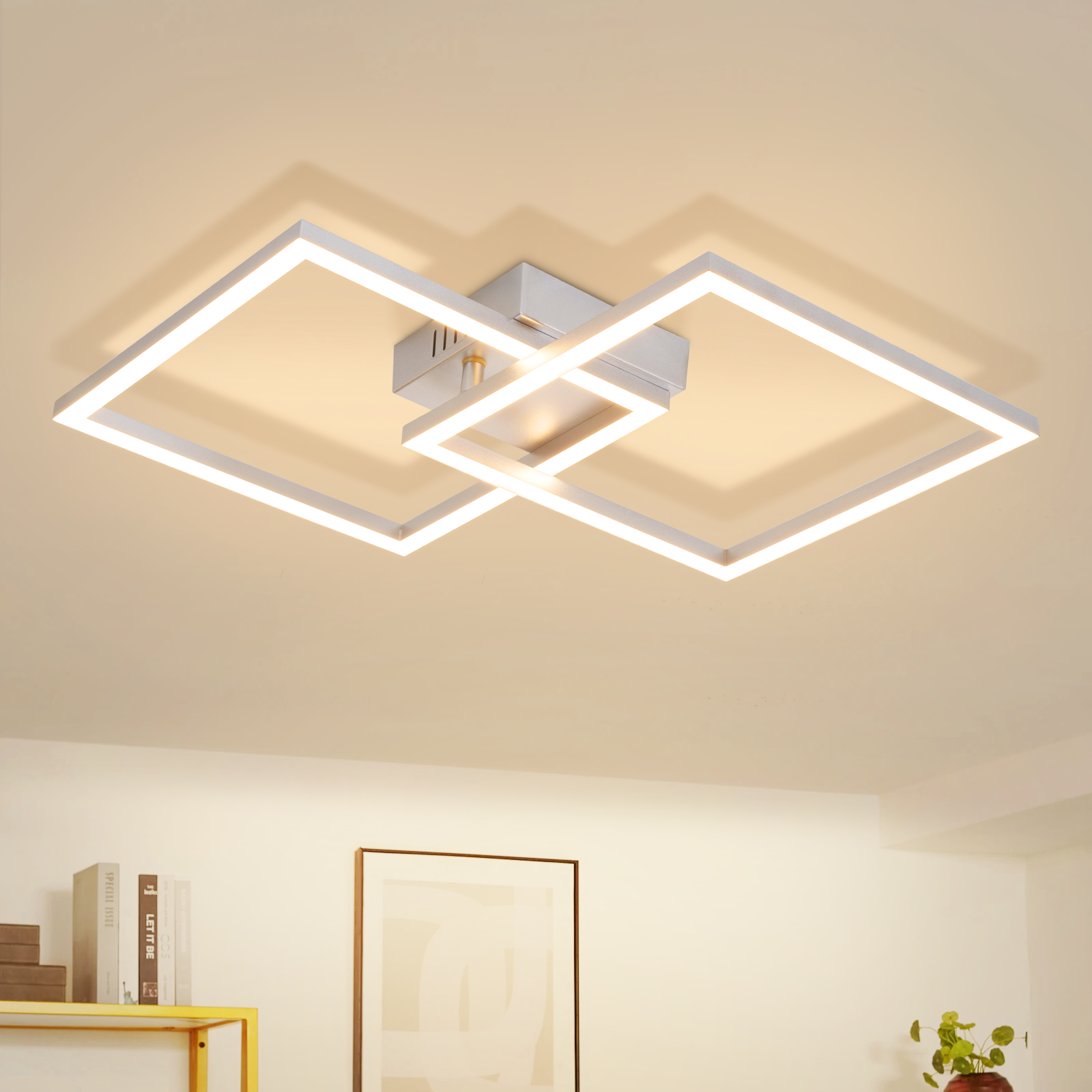 Plafoniera moderna con cornici quadrate intrecciate e illuminazione a LED.