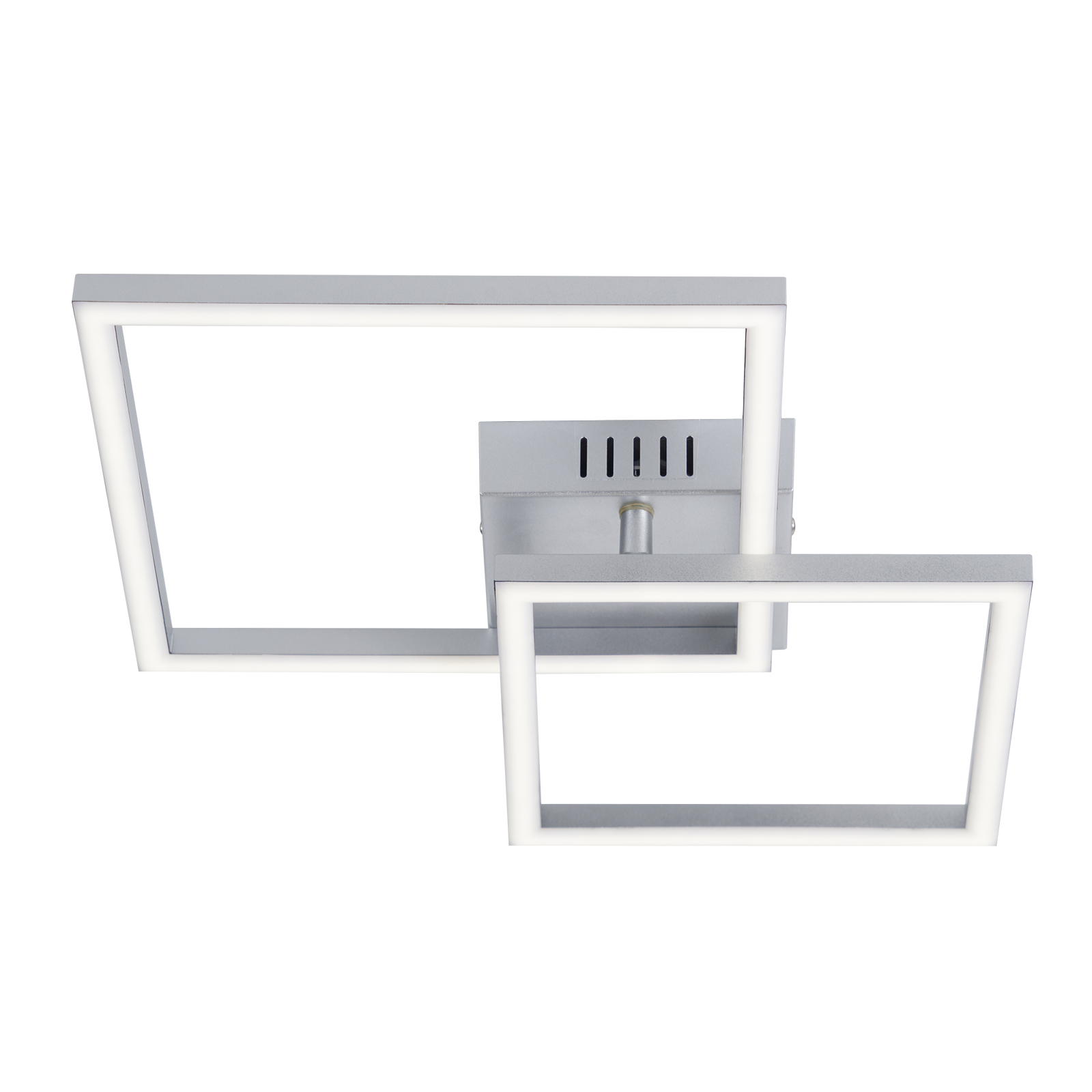 Una moderna lampada da soffitto in metallo spazzolato con due cornici quadrate intrecciate.