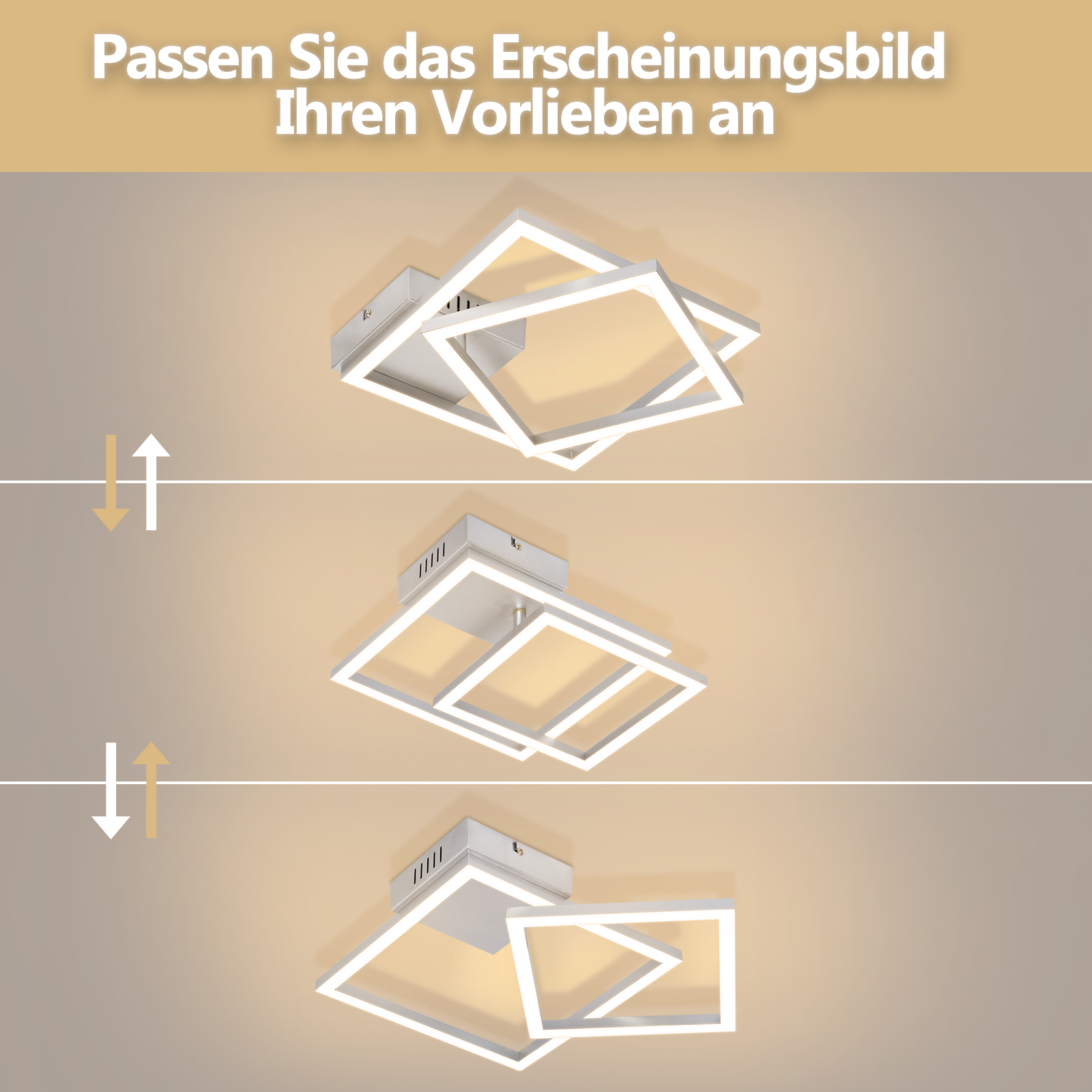 Lampada da soffitto con tre impostazioni, mostrata con frecce che indicano le opzioni di regolazione.