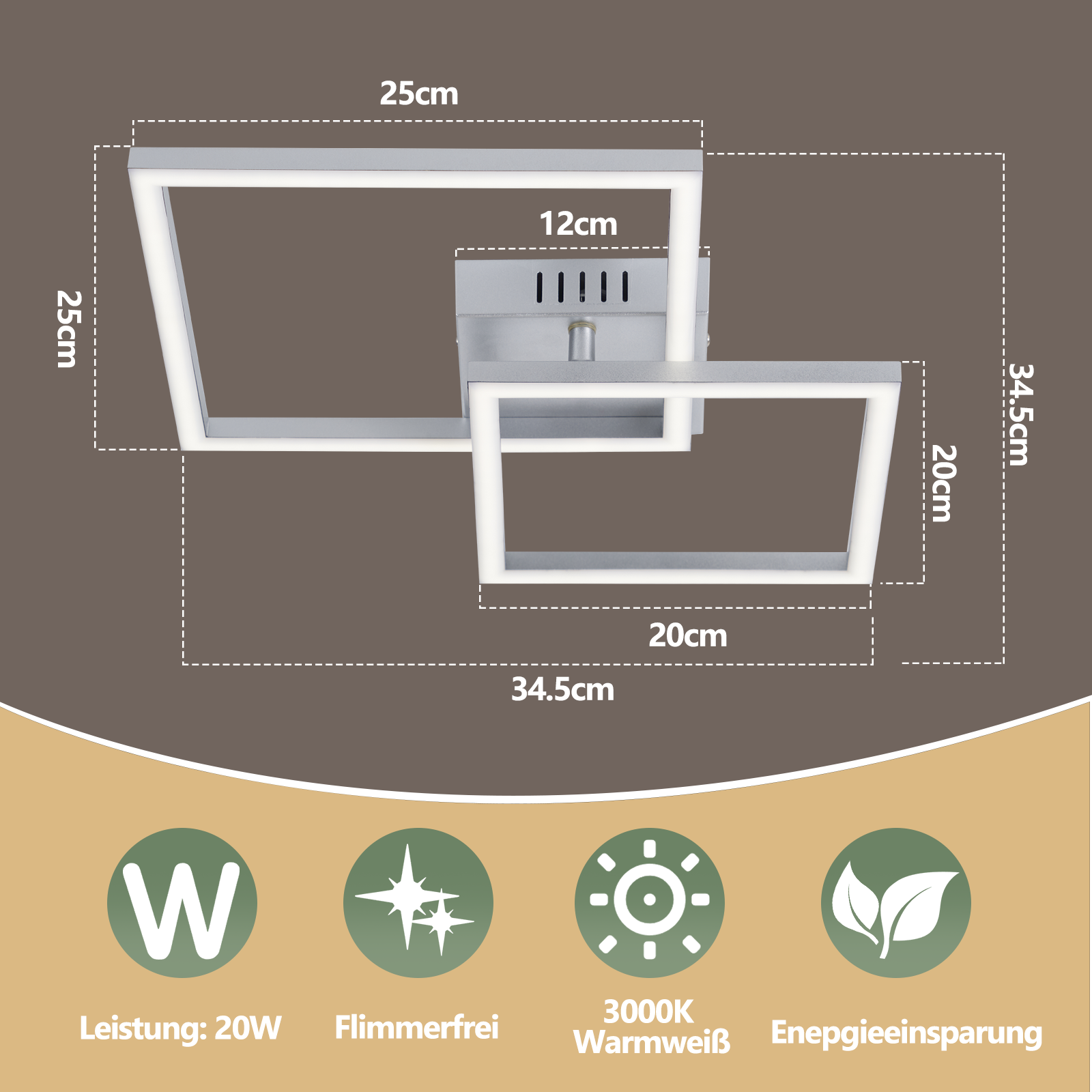 Plafoniera moderna con due cornici rettangolari e illuminazione a LED.