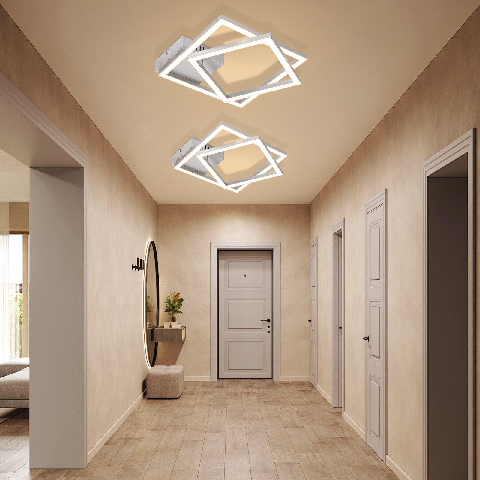 Un corridoio con pavimenti in legno, due lampade da soffitto moderne e più porte.