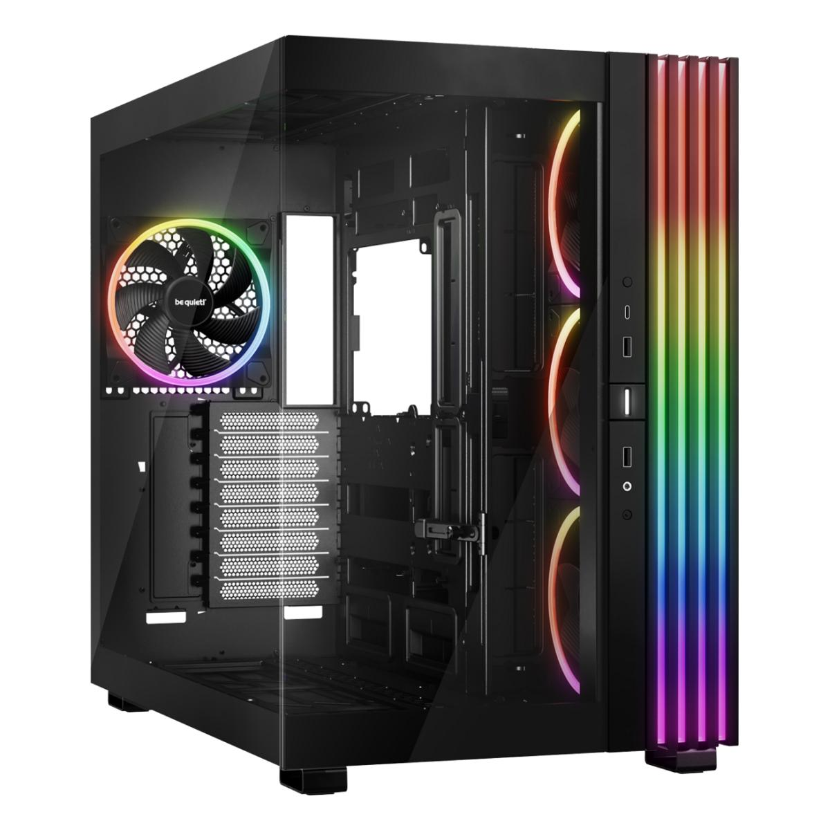 Schwarzes Computergehäuse mit RGB-Lüftern und Frontpanel-Beleuchtung.