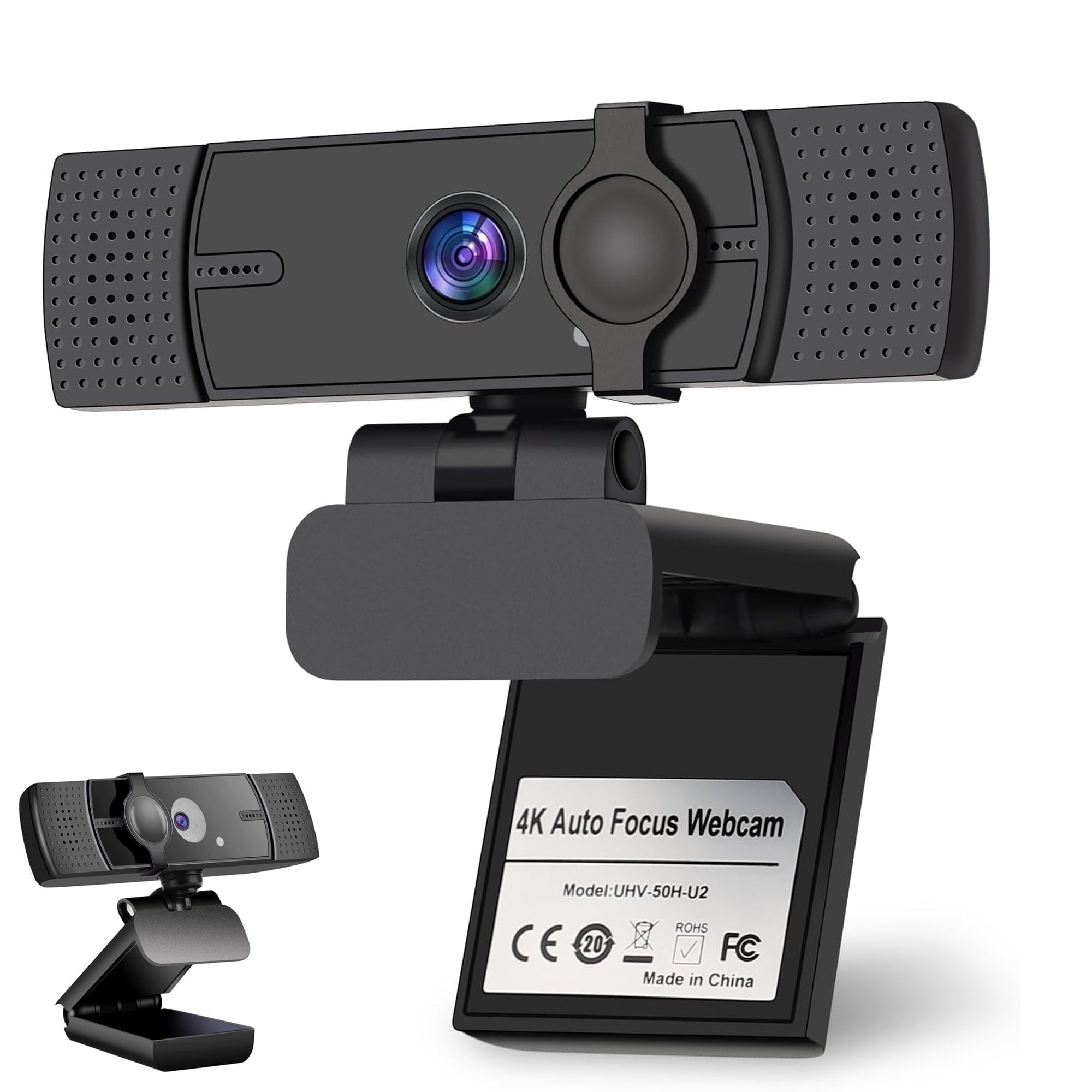 Eine schwarze 4K-Autofokus-Webcam mit Ständer, von vorne und seitlich gezeigt.