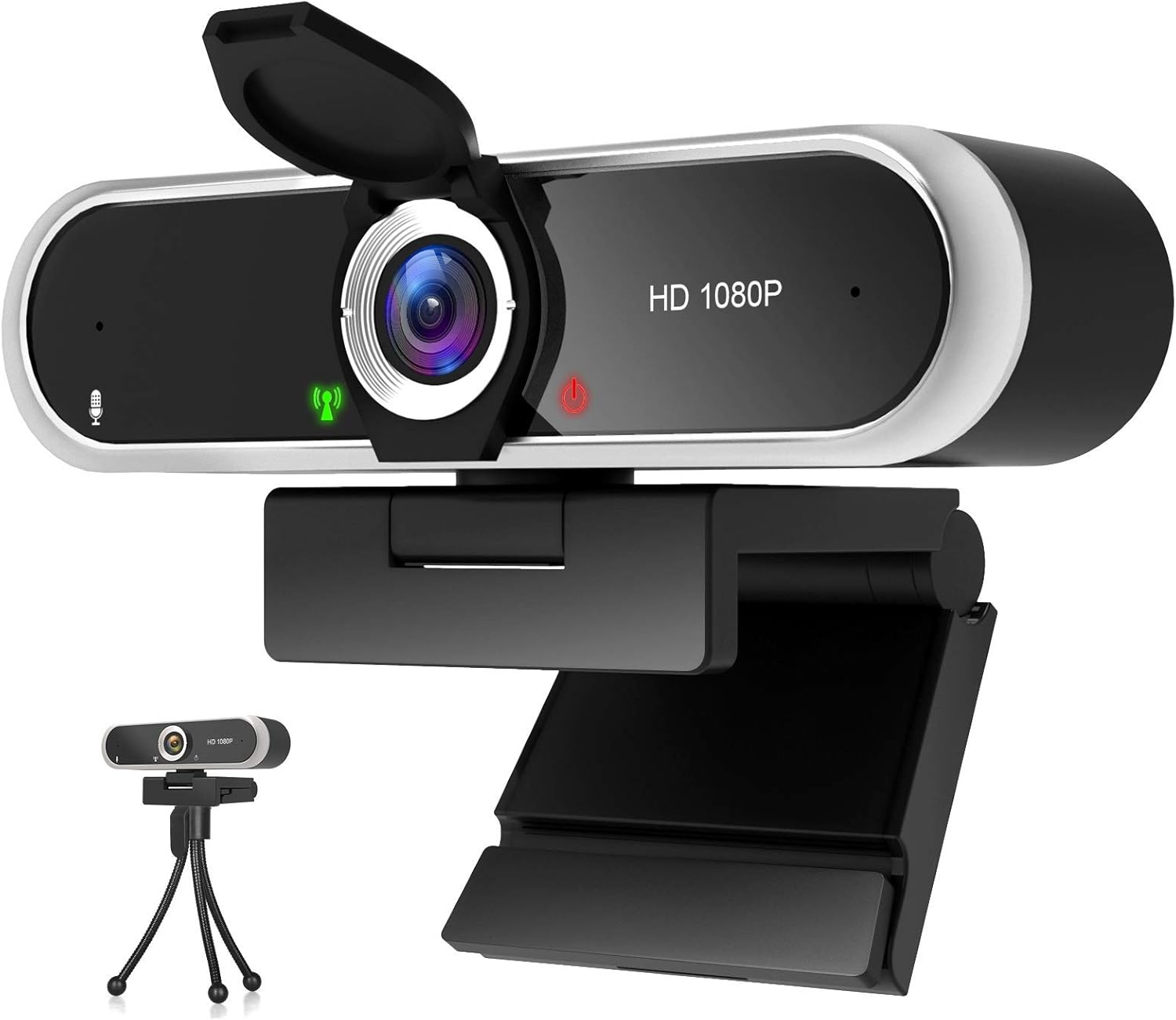 Eine HD 1080p Webcam mit offenem Objektivdeckel und einem kleinen Stativ daneben.