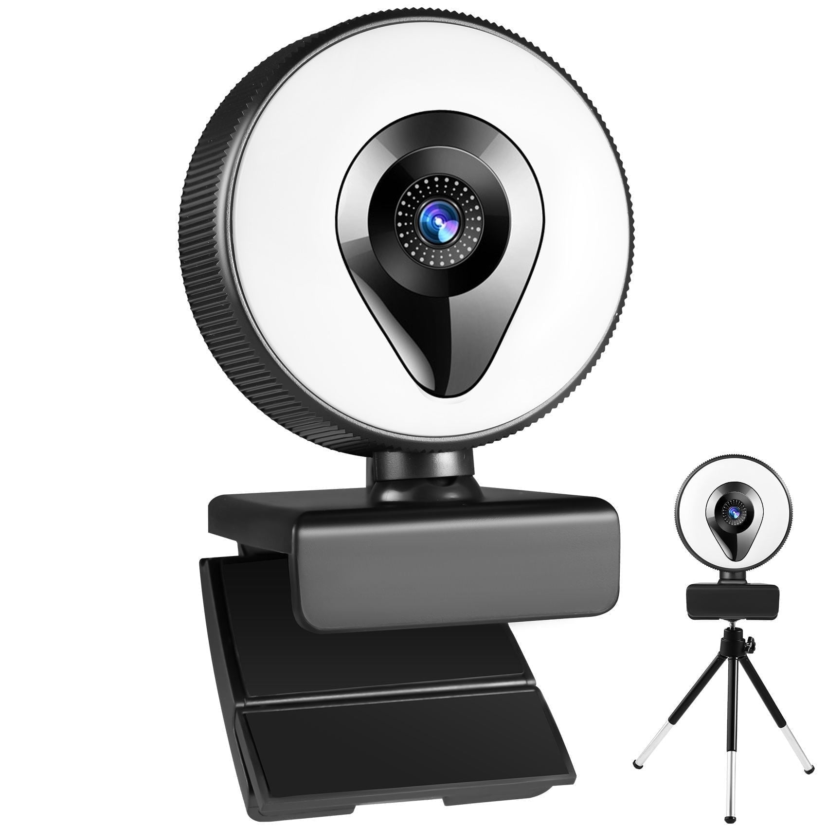 Eine Webcam mit Ringlicht steht auf einer Halterung, daneben eine Mini-Stativversion.