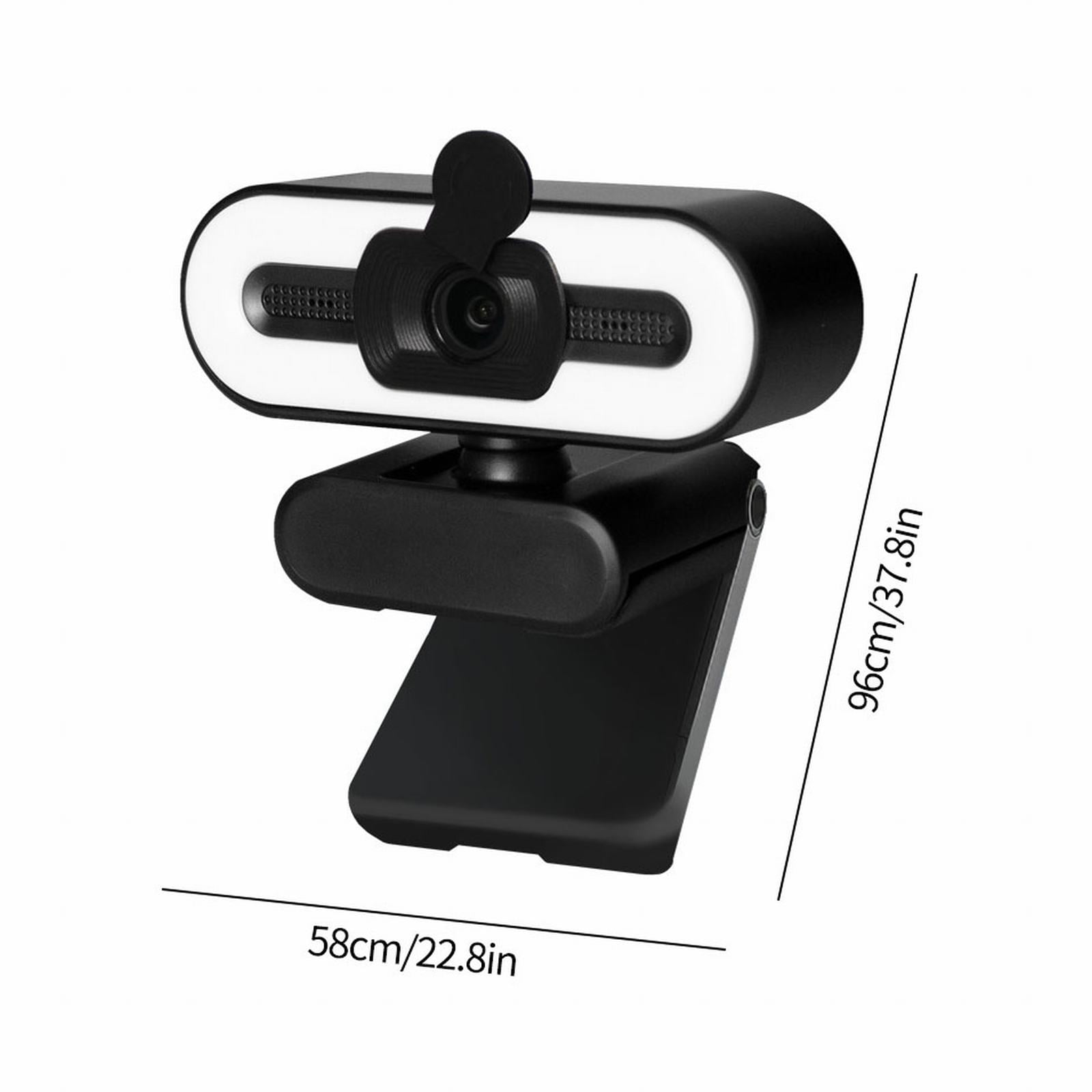 Schwarze Webcam mit LED-Ringlicht und integriertem Mikrofon auf einem flexiblen Ständer.