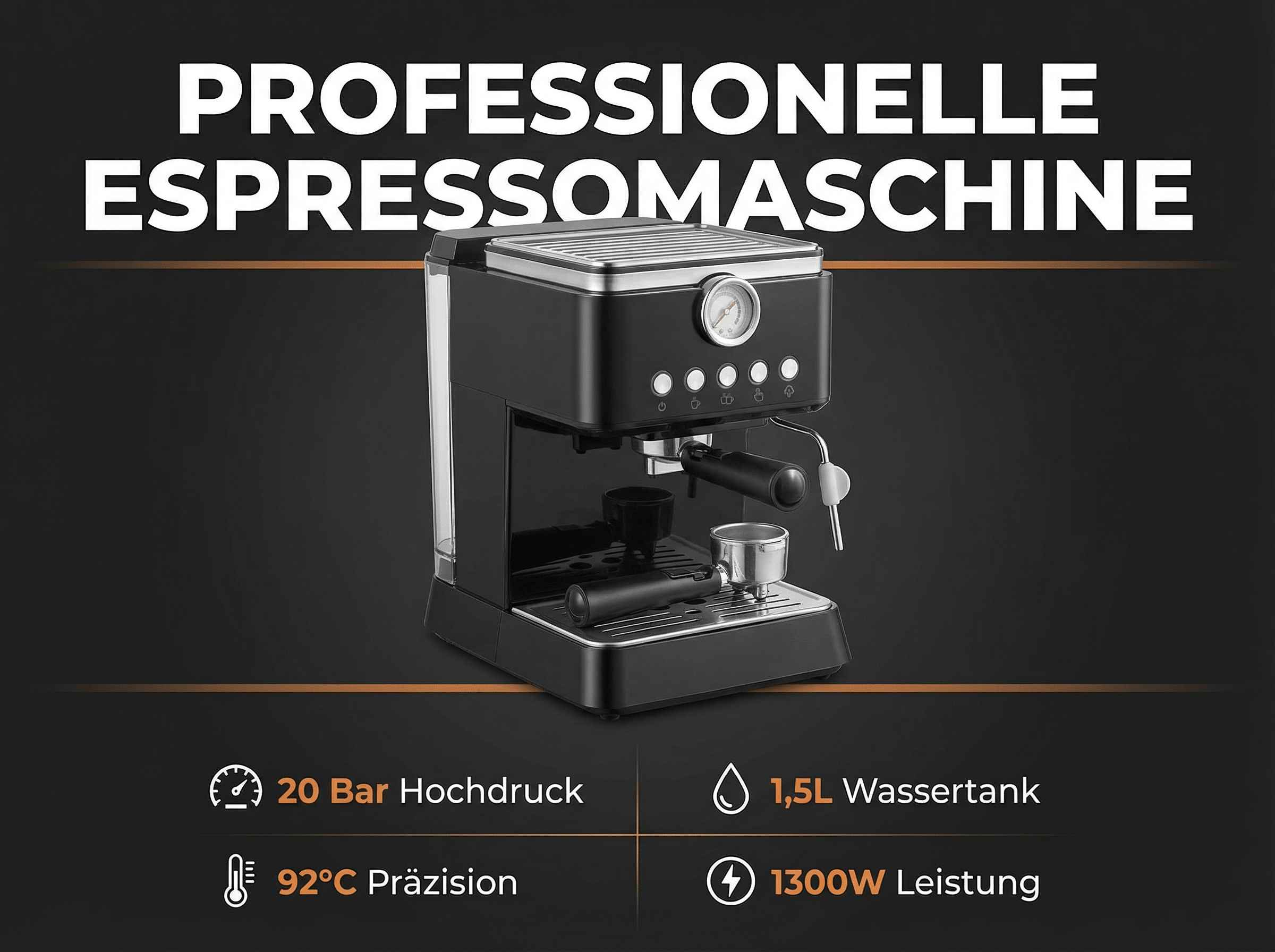 Schwarze Espressomaschine mit silbernen Akzenten, 20 Bar Druck.