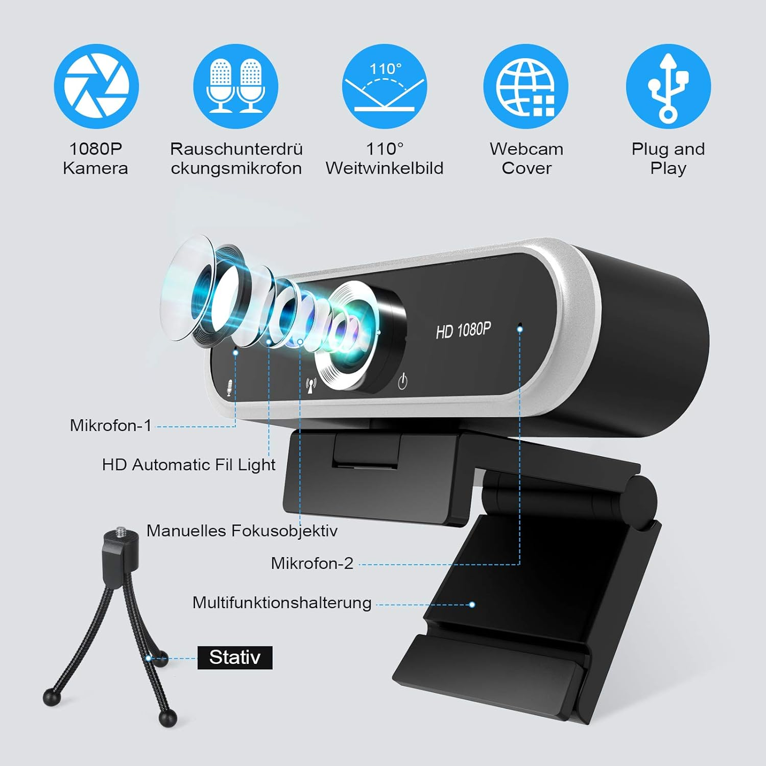Eine HD 1080P Webcam mit Mikrofonen, Stativ und Linsen-Details.