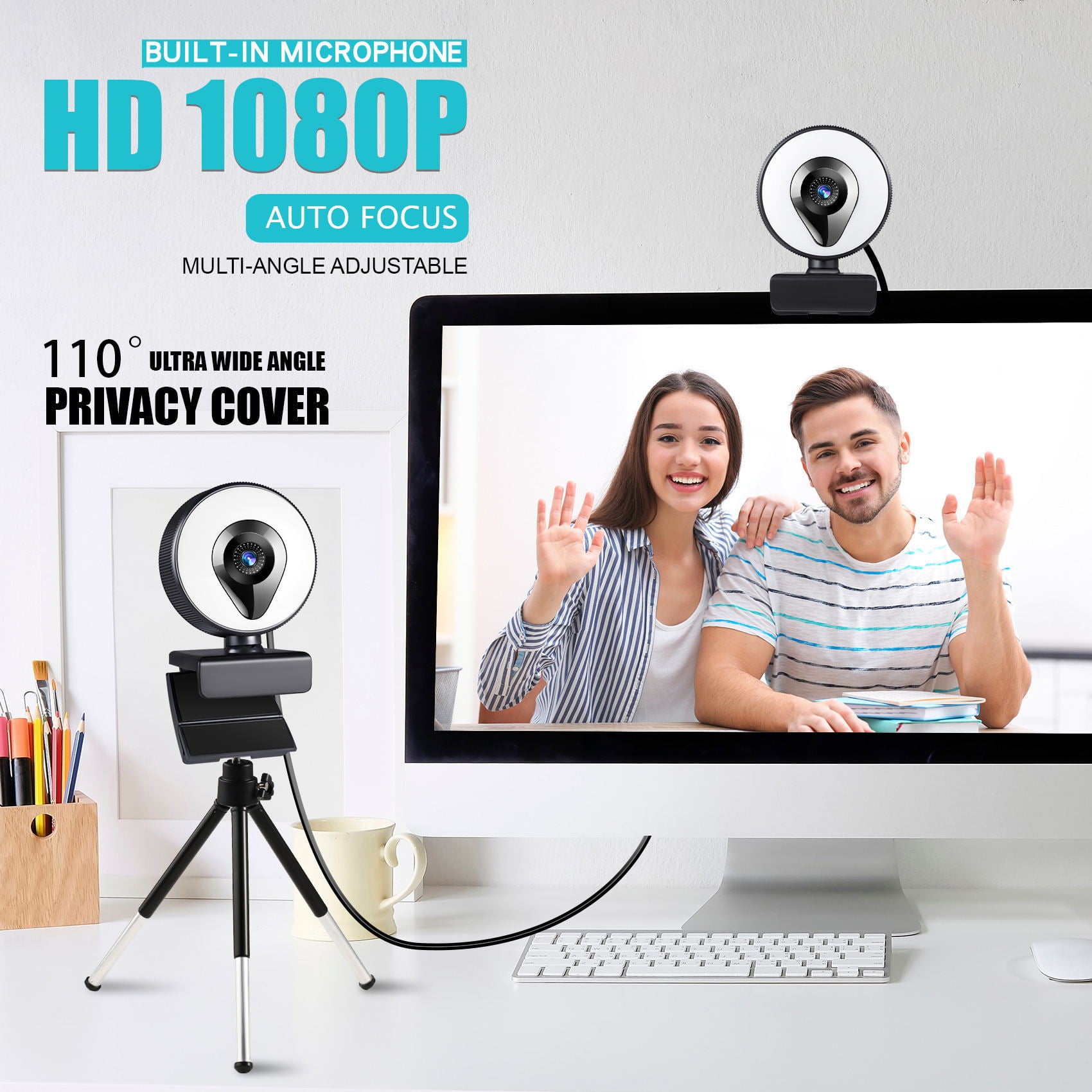 Webcam mit 1080p HD, Autofokus, 110° Weitwinkel, Sichtschutzabdeckung, auf einem Stativ.