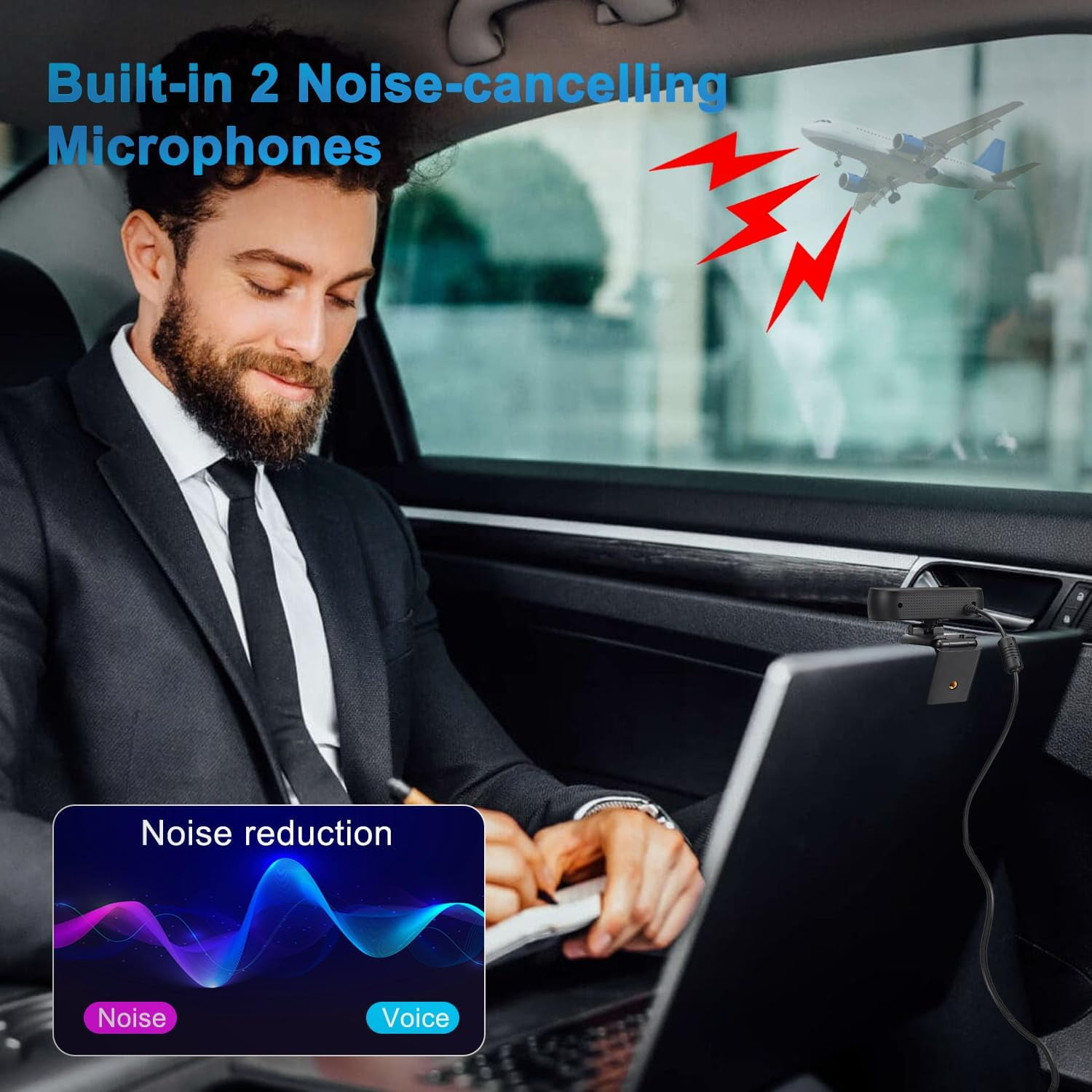 Mann im Auto mit Laptop, Webcam und Lärmreduzierungs-Grafik.
