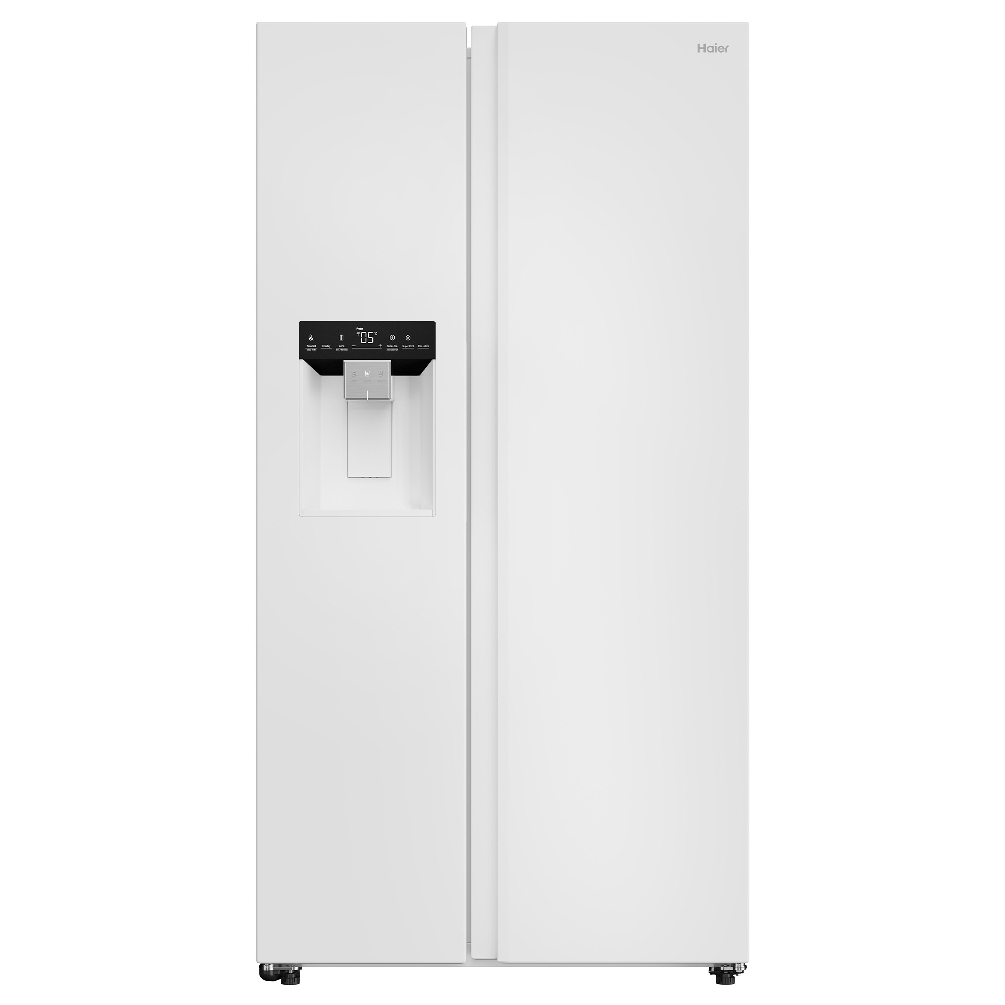 Ein weißer Haier Kühlschrank mit Doppeltüren und einem Wasser-/Eisspender.