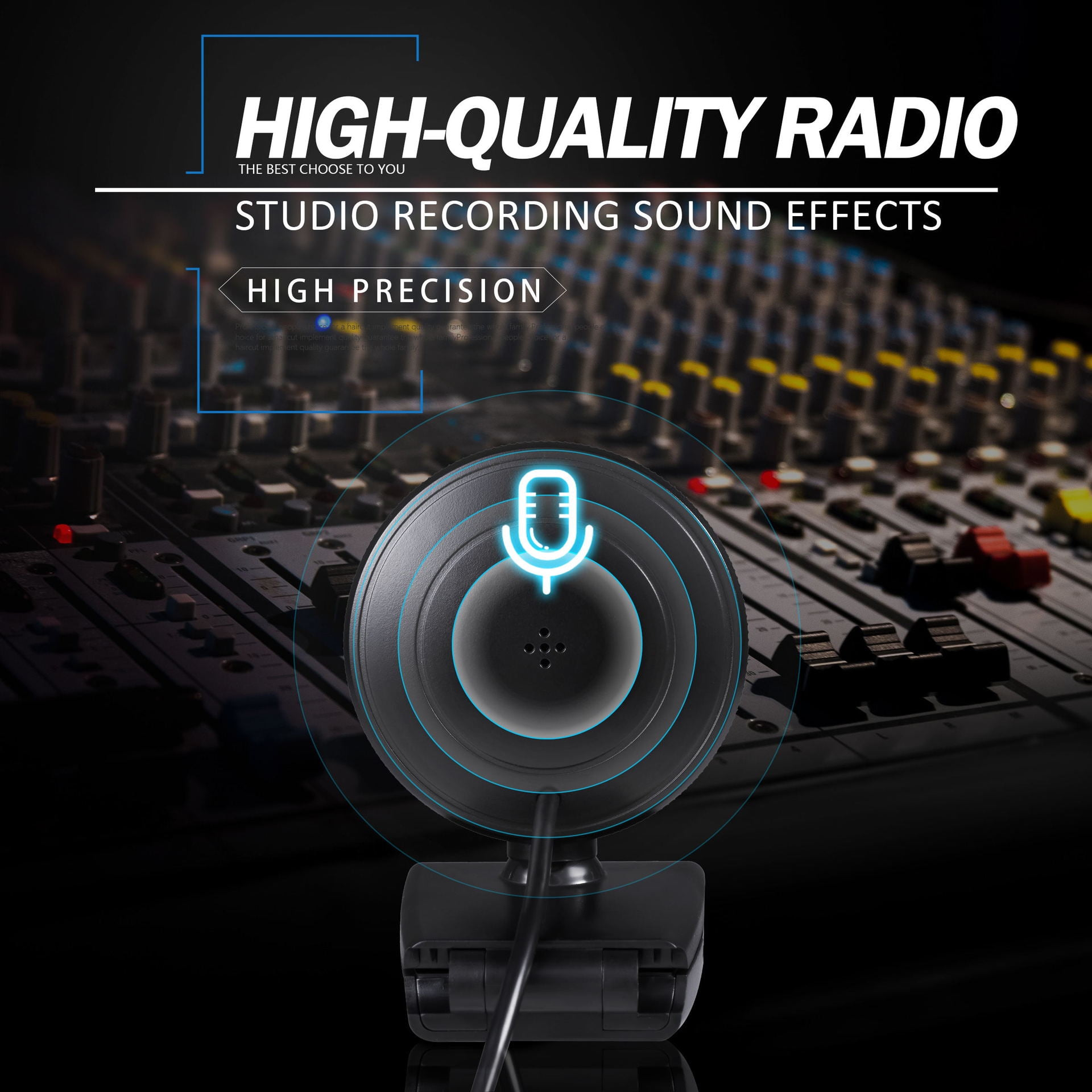 Ein Mikrofon steht vor einem Mischpult. Der Text lautet "HIGH-QUALITY RADIO".