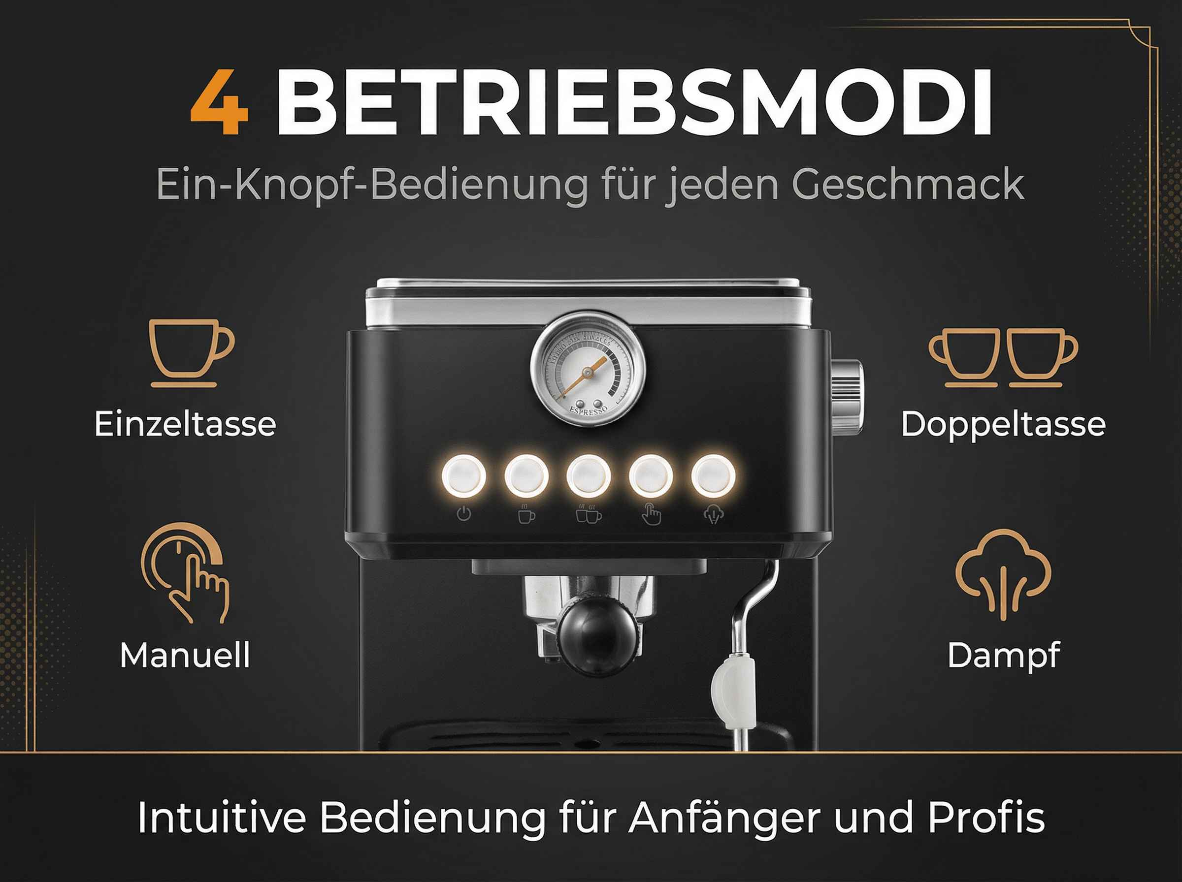 Kaffeemaschine mit 4 Modi: Einzeltasse, Doppeltasse, Manuell, Dampf.