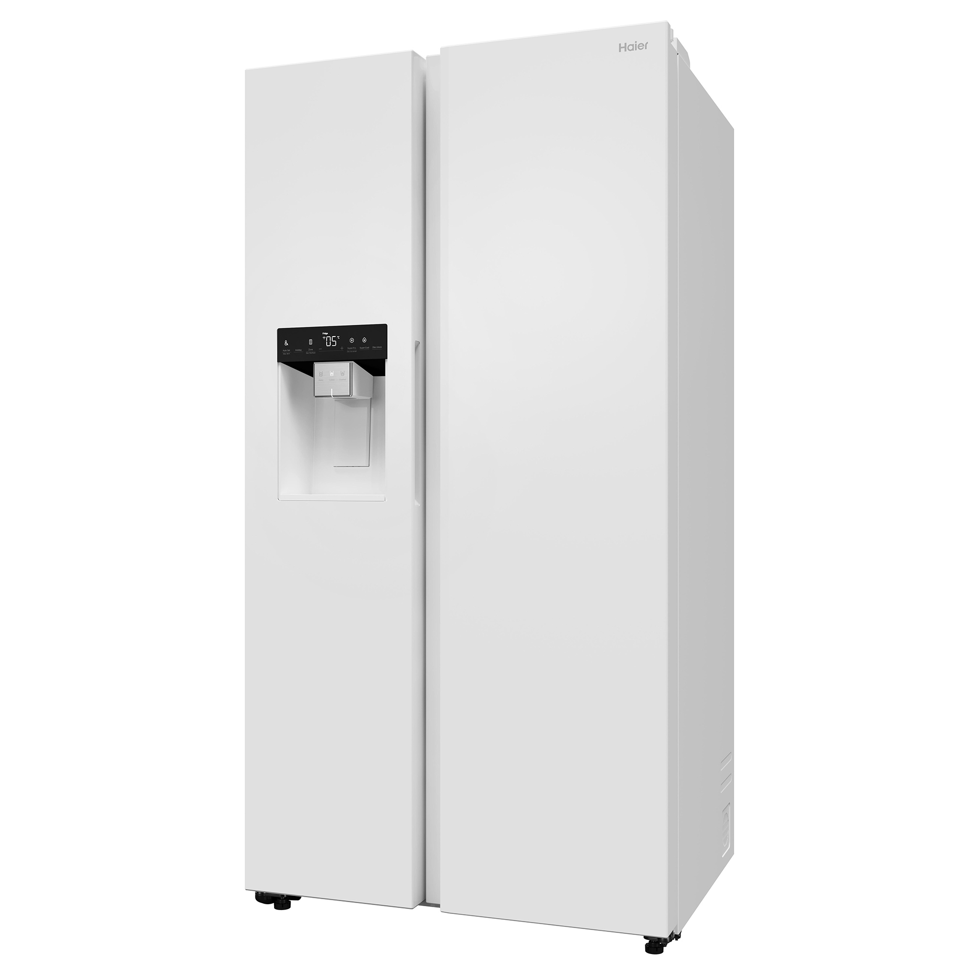 Ein weißer Haier Kühlschrank mit zwei Türen und einem Wasserspender.