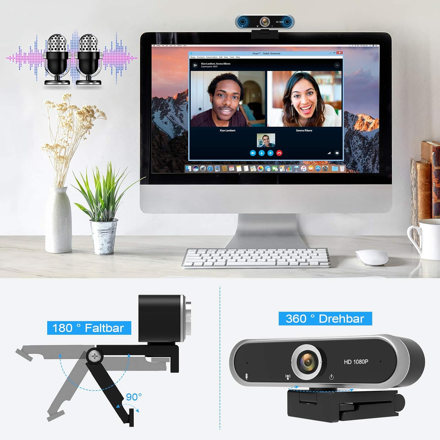 Webcam mit zwei Mikrofonen und einem Desktop-Computer, der Skype zeigt.