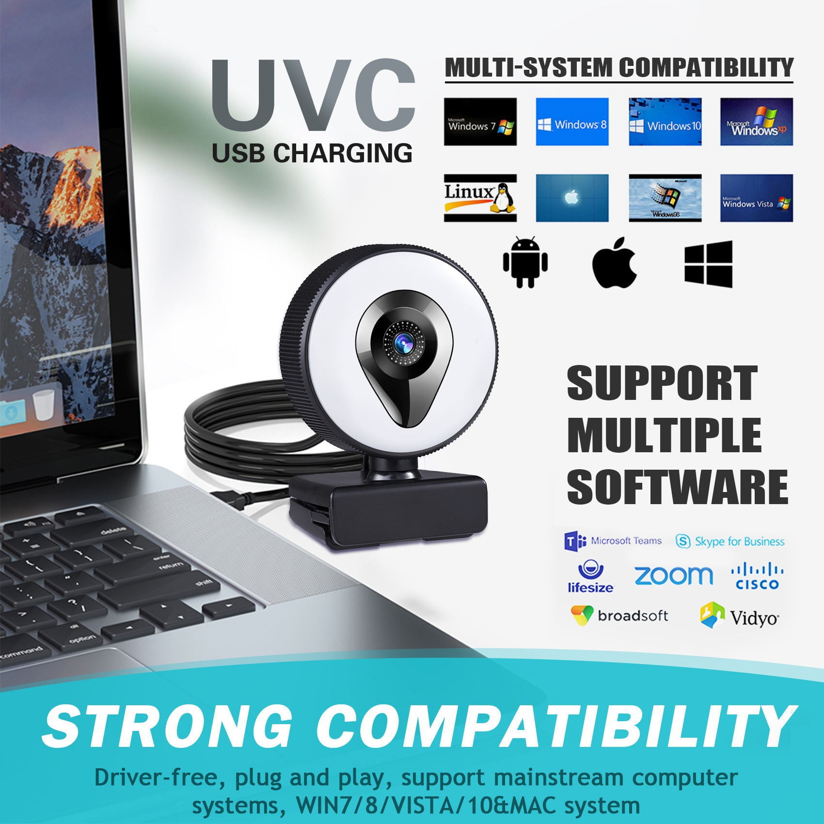 Webcam mit Ringlicht neben Laptop, zeigt Multi-System-Kompatibilität.