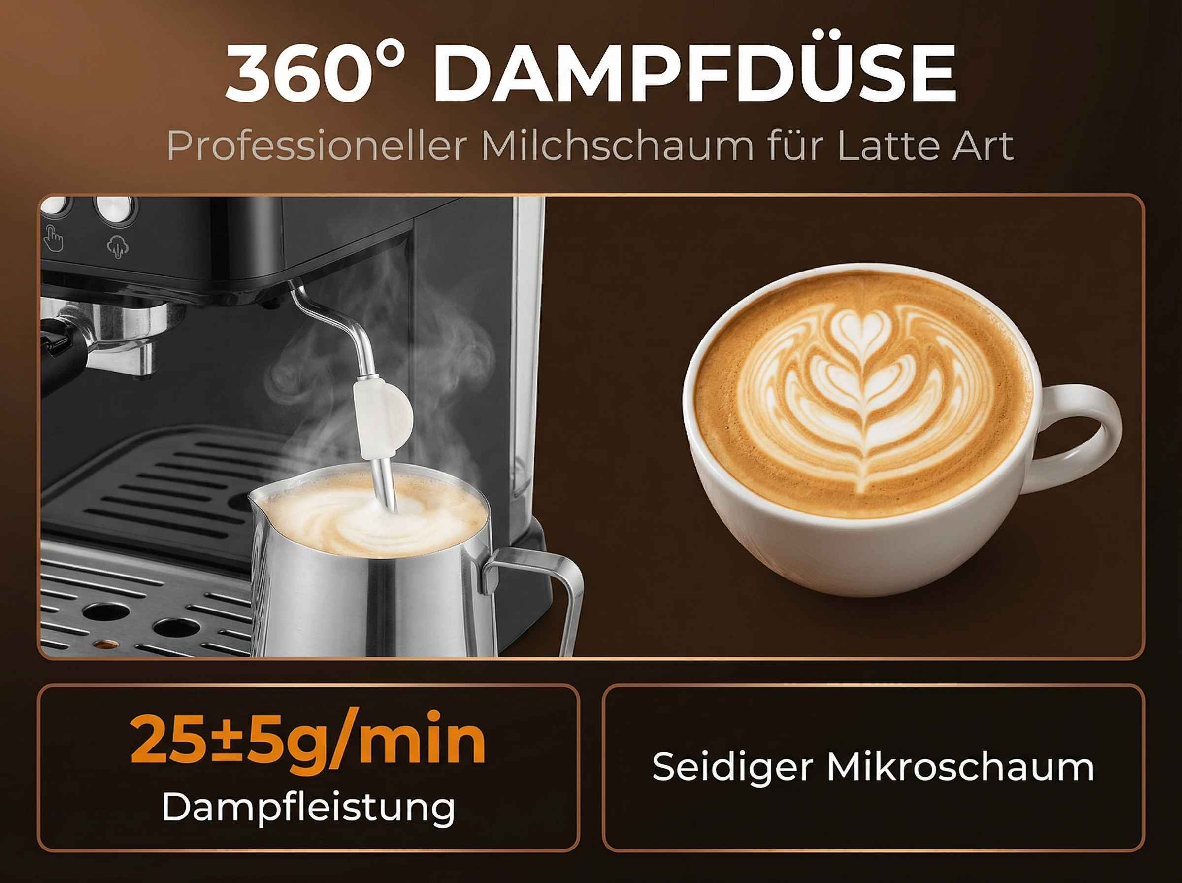 Espressomaschine erzeugt Milchschaum mit 360° Dampfdüse für Latte Art.