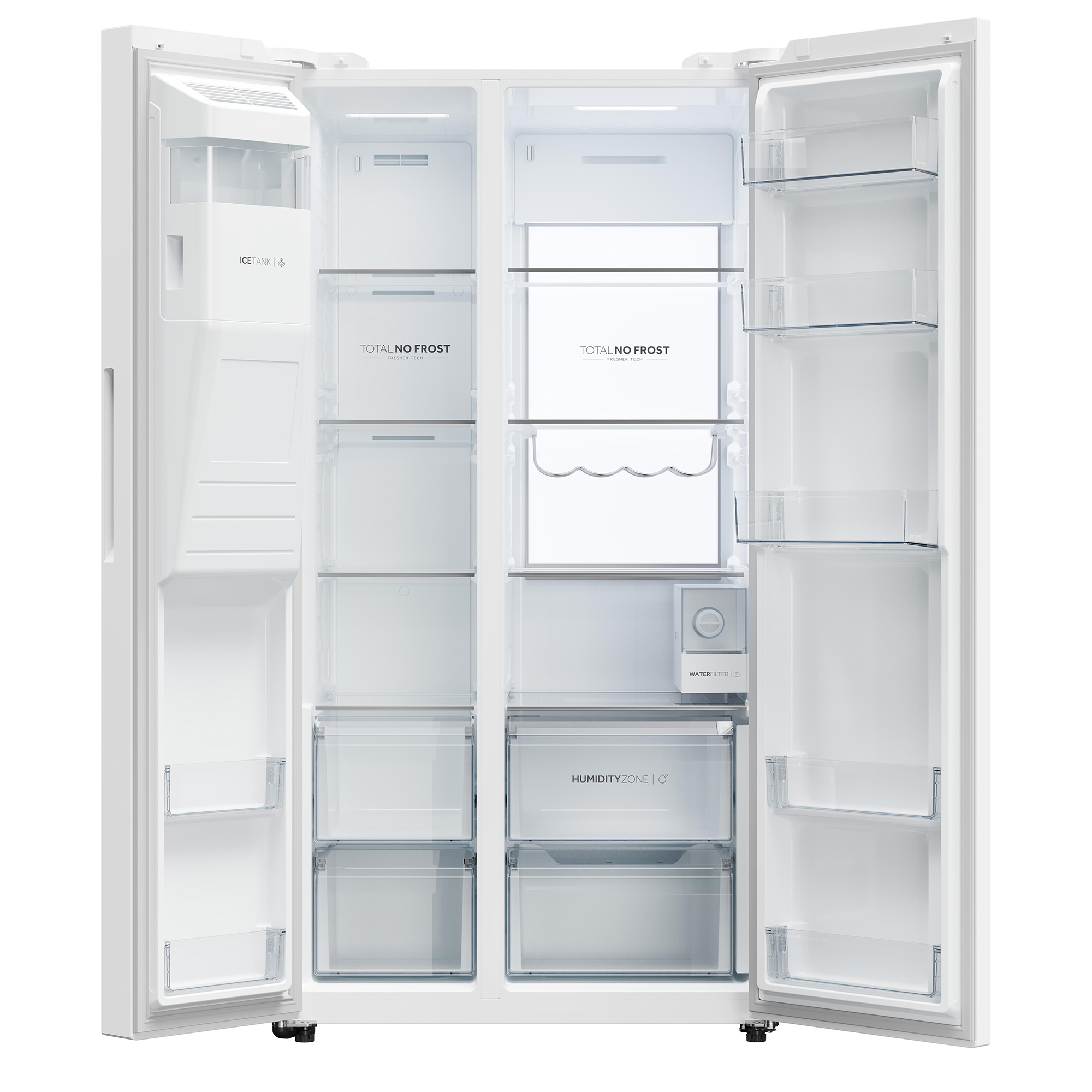 Ein offener weißer Kühlschrank mit zwei Türen, Eisbereiter und Wasserfilter.