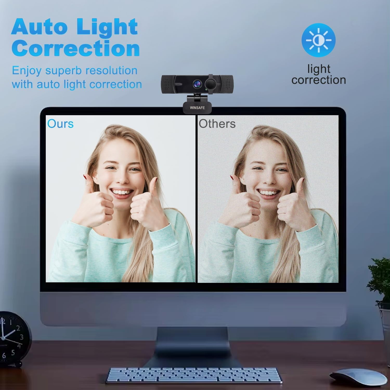 Webcam zeigt einen Seitenvergleich der Bildqualität mit und ohne automatische Lichtkorrektur.