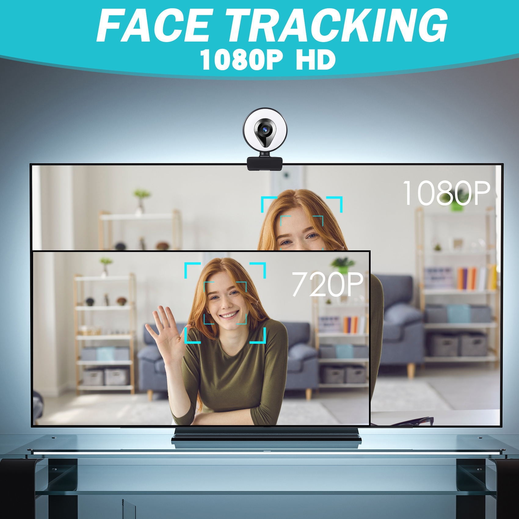 Eine Webcam zeigt eine Frau, die winkt. Neben ihr wird 1080p und 720p angezeigt.