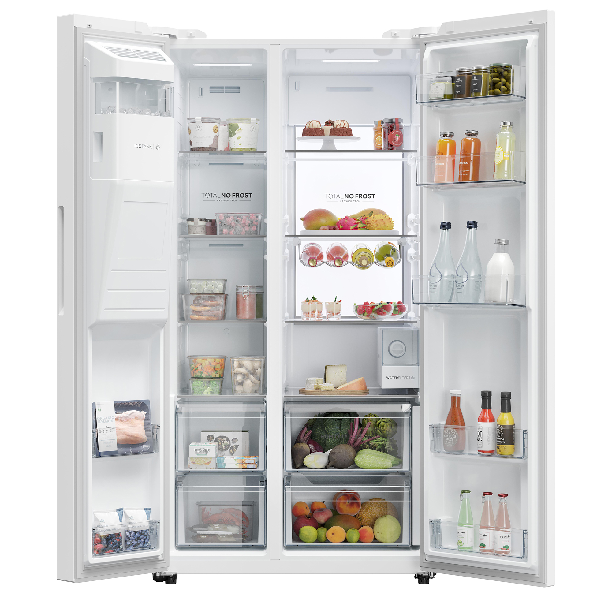 Ein offener Kühlschrank mit Lebensmitteln auf mehreren Ebenen, darunter Obst, Gemüse und Getränke.