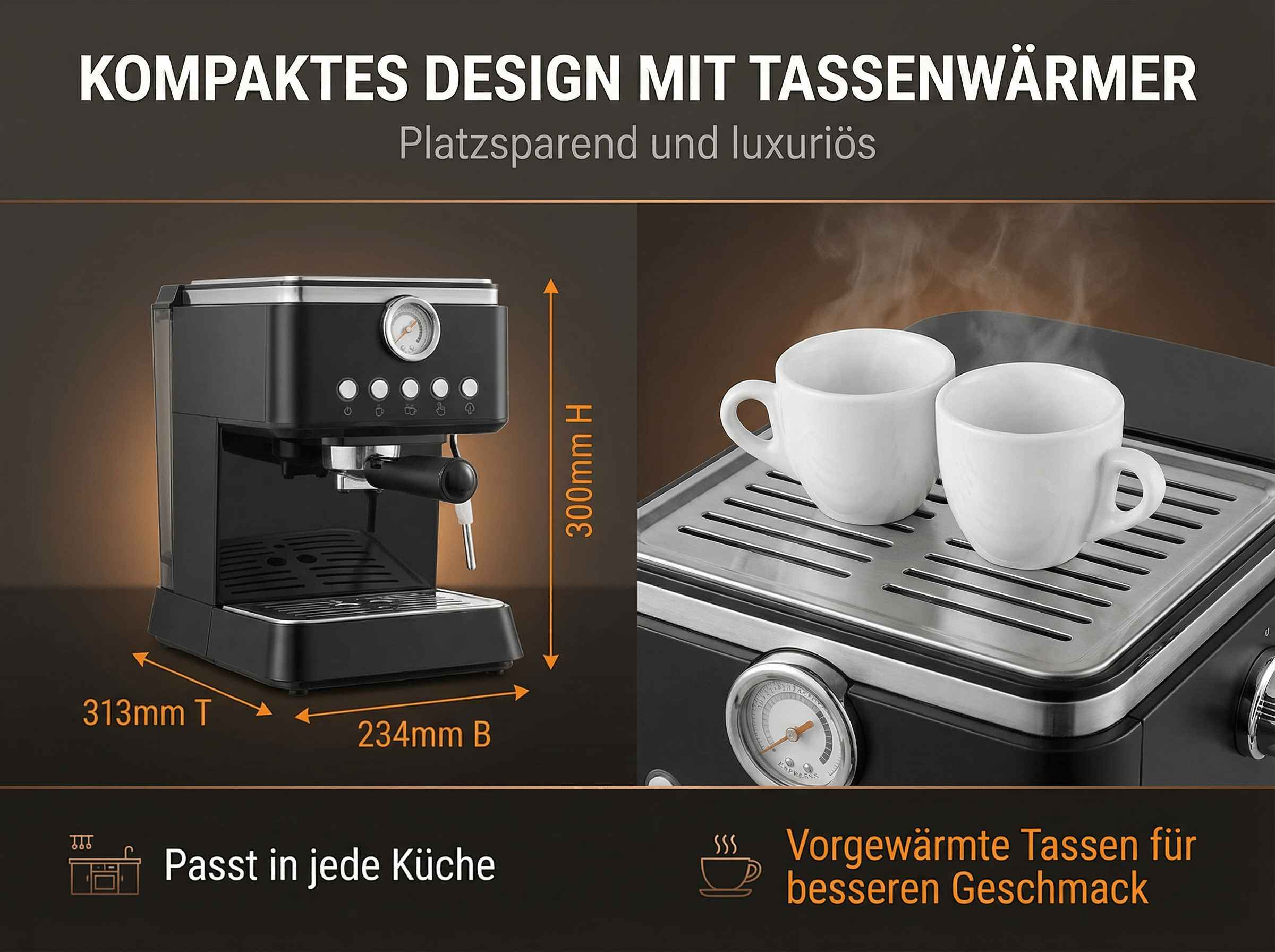 Schwarze Espressomaschine mit zwei Tassen auf dem Tassenwärmer.