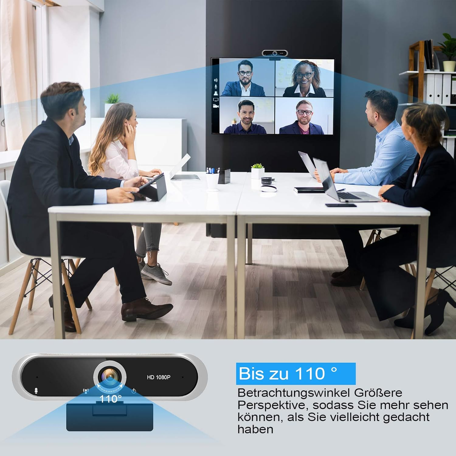 Menschen in einem Videokonferenzraum, eine Kamera mit 110° Sichtfeld.
