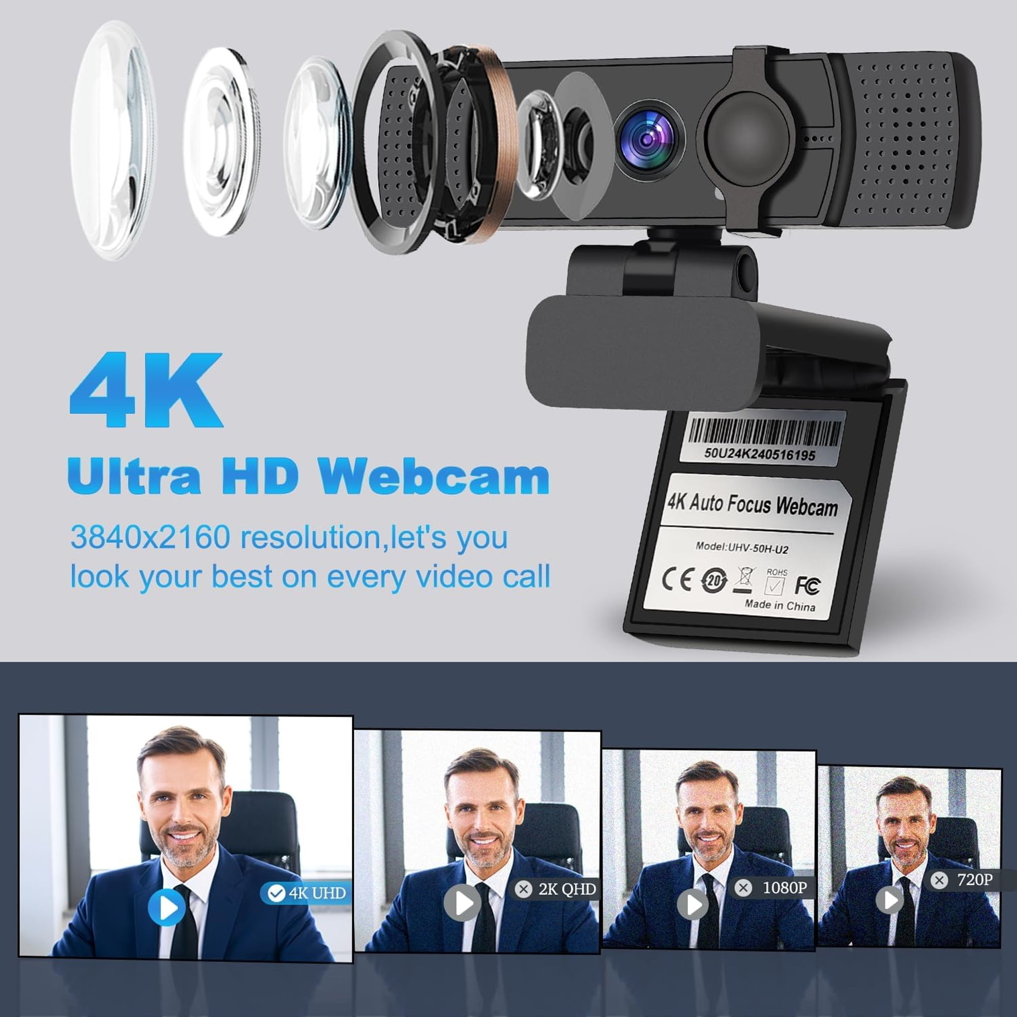 Explodierte Ansicht einer 4K-Webcam mit Linsen und Mikrofon, daneben vier Vorschaubilder.