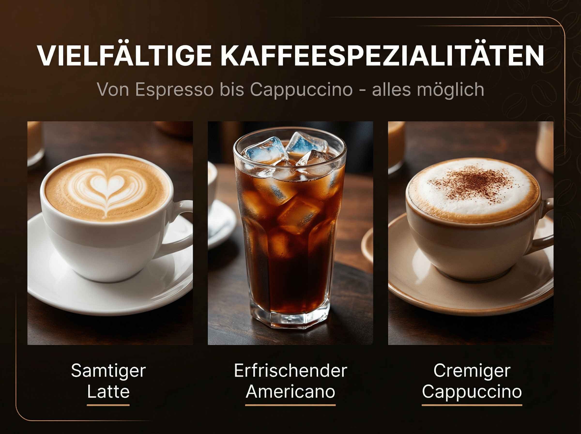 Drei Kaffeevariationen: Latte, Americano mit Eis und Cappuccino.