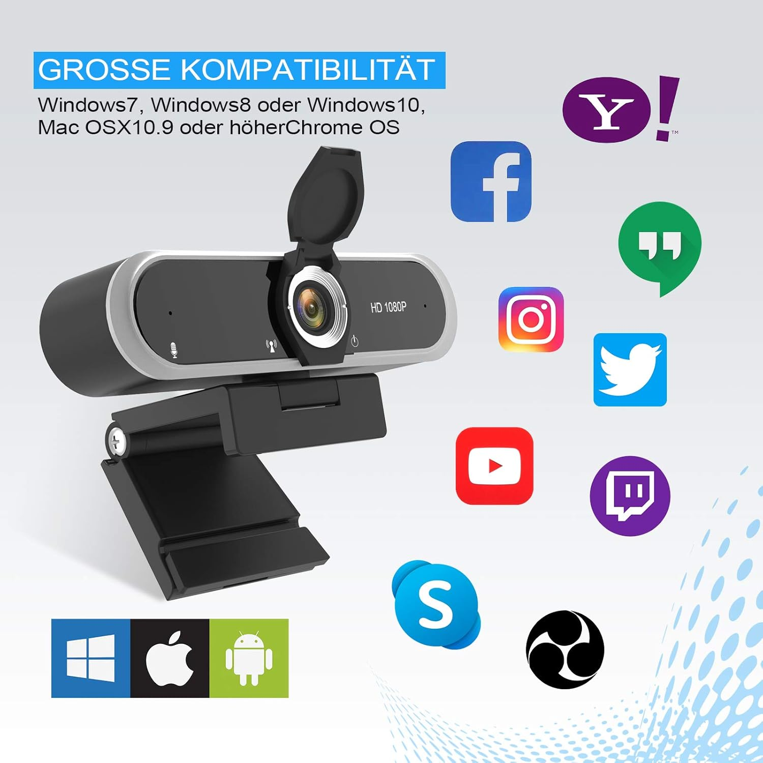 Webcam mit verschiedenen App-Logos wie Facebook, Instagram, Twitter, Skype.