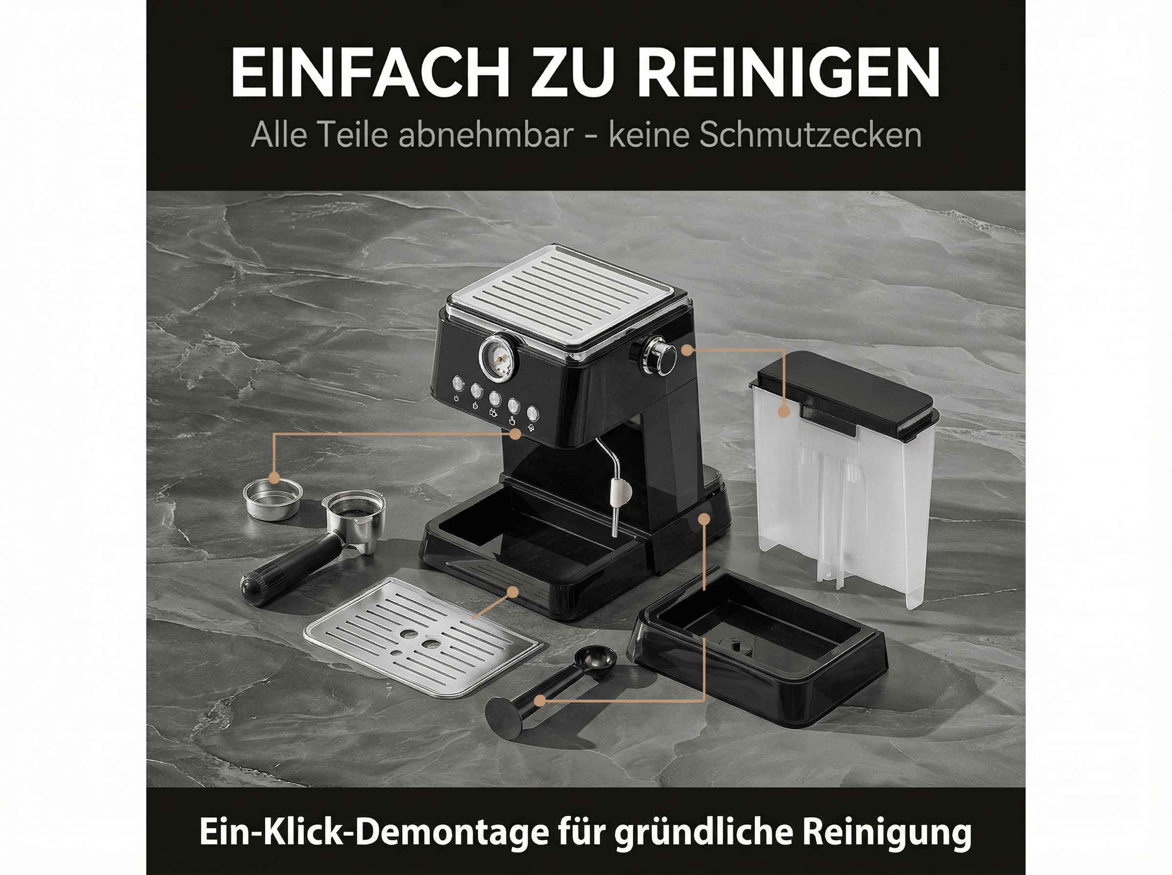 Eine schwarze Kaffeemaschine mit abnehmbaren Teilen wie Wassertank und Tropfschale.